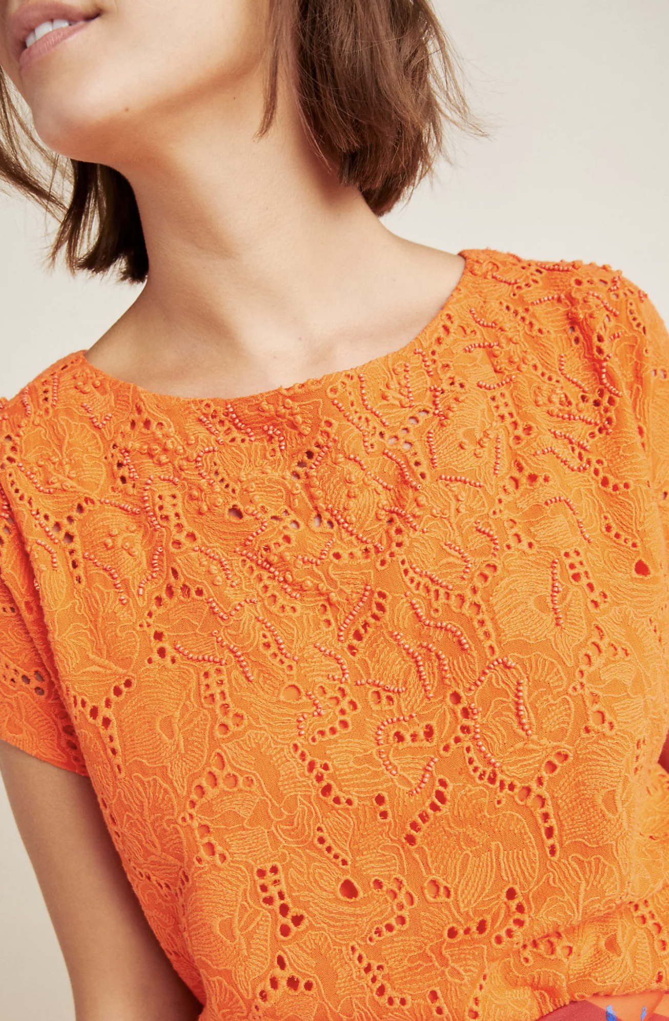 Maeve Anthropologie Karine Orange Floral Embroidered Beaded Lace Top Blouse Sz 8 Short Sleeve