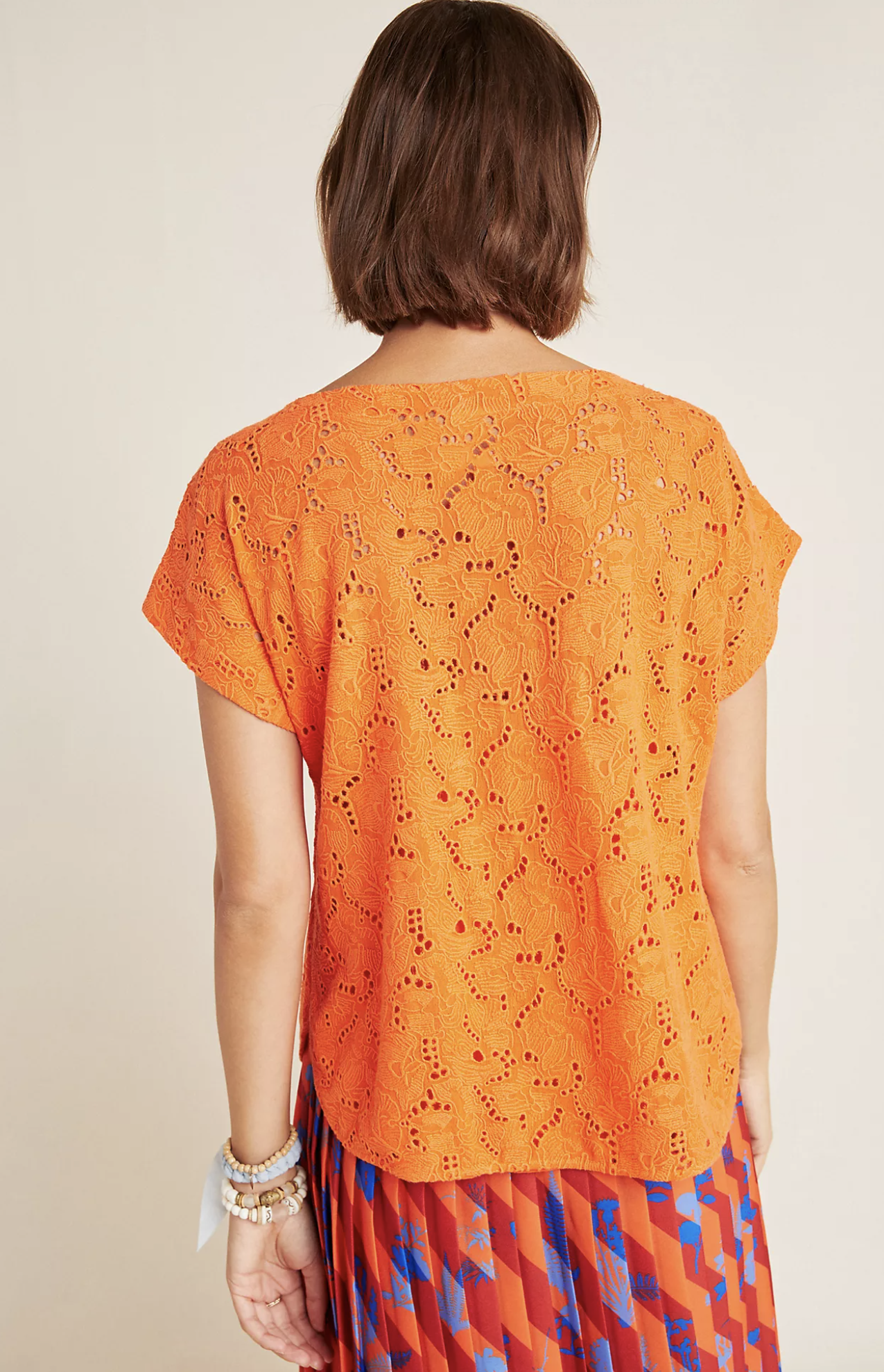 Maeve Anthropologie Karine Orange Floral Embroidered Beaded Lace Top Blouse Sz 8 Short Sleeve