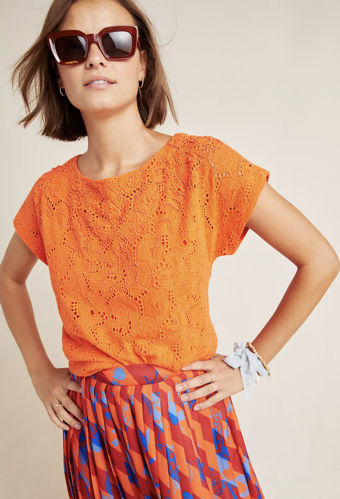 Maeve Anthropologie Karine Orange Floral Embroidered Beaded Lace Top Blouse Sz 8 Short Sleeve