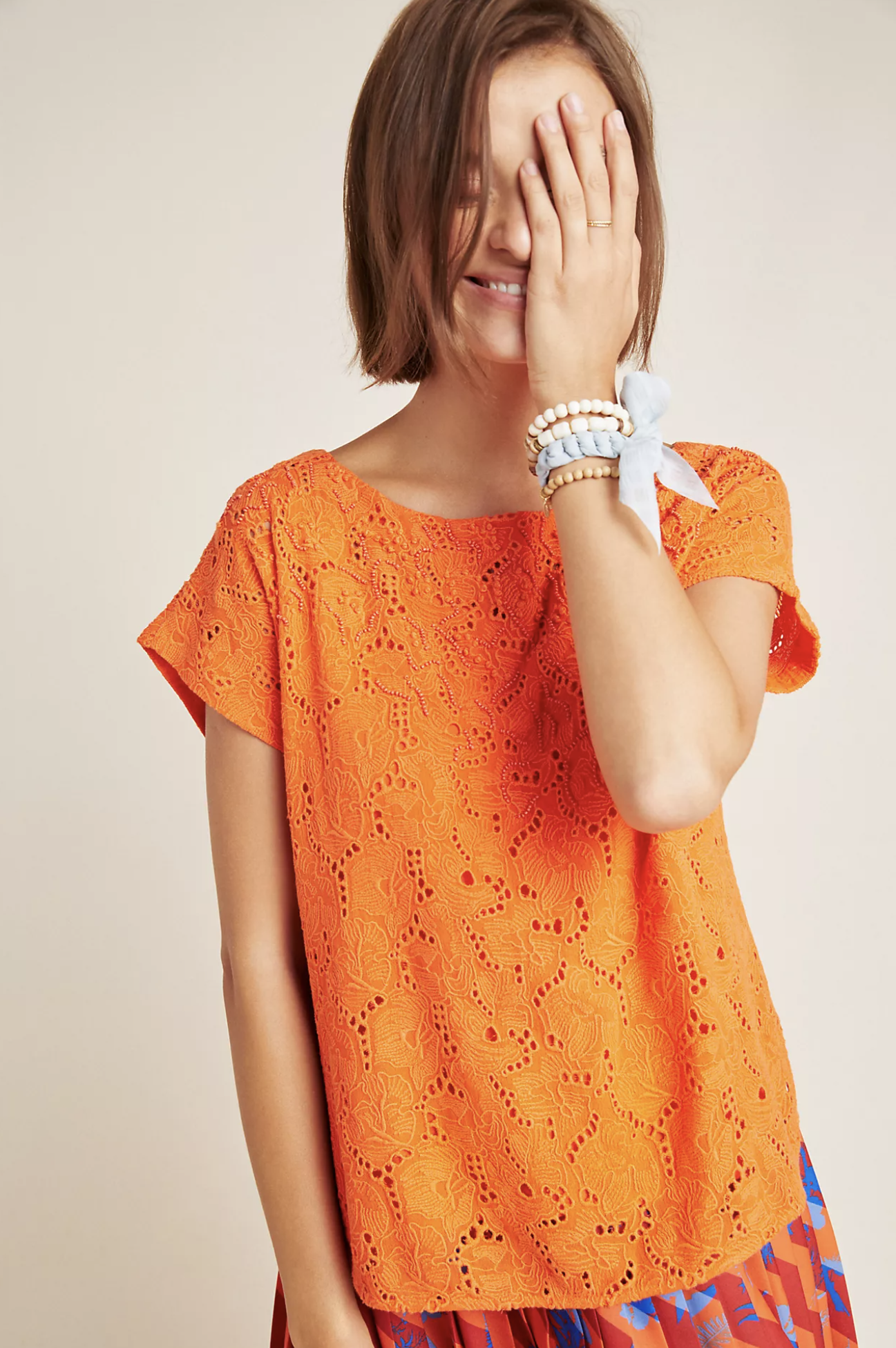 Maeve Anthropologie Karine Orange Floral Embroidered Beaded Lace Top Blouse Sz 8 Short Sleeve