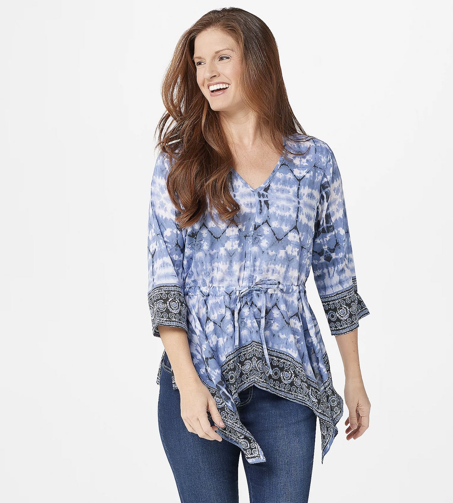 Tolani Blue Tie Dye Print Asymmetrical Hem Drawstring Top Blouse Size S Boho