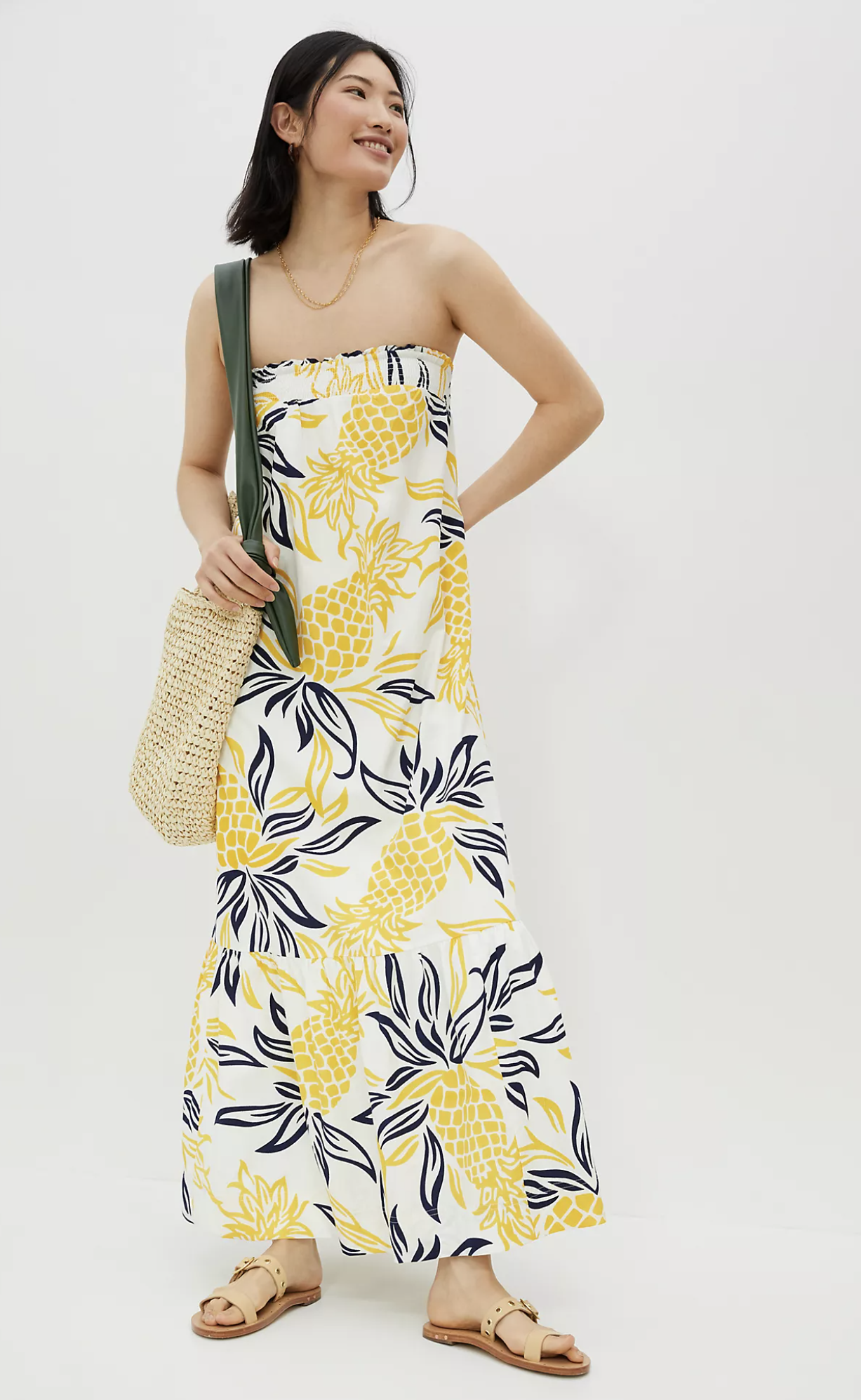 NWT by Anthropologie Yellow Pineapple Print Flounce Maxi Dress Size S Casual