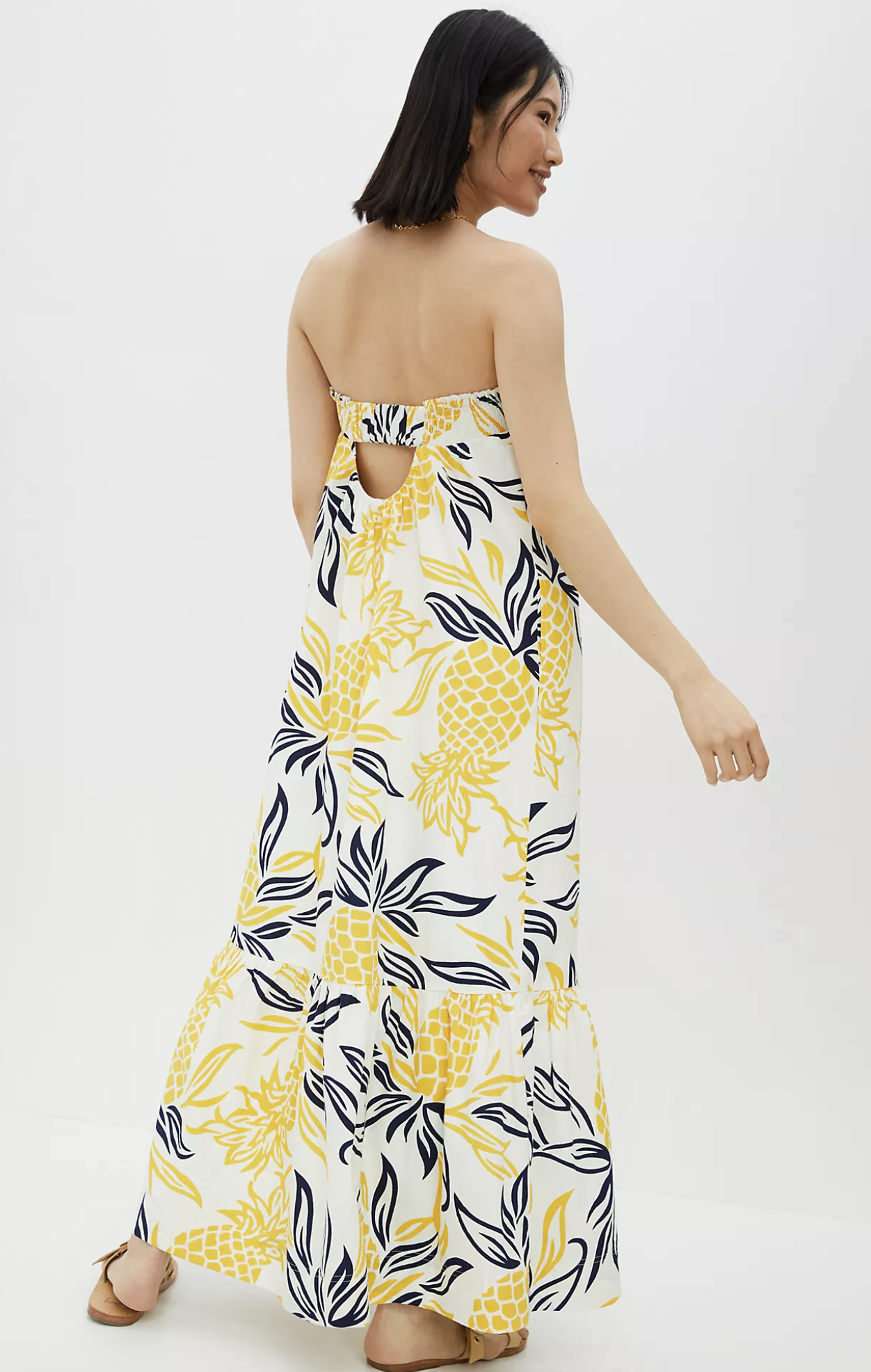 NWT by Anthropologie Yellow Pineapple Print Flounce Maxi Dress Size S Casual