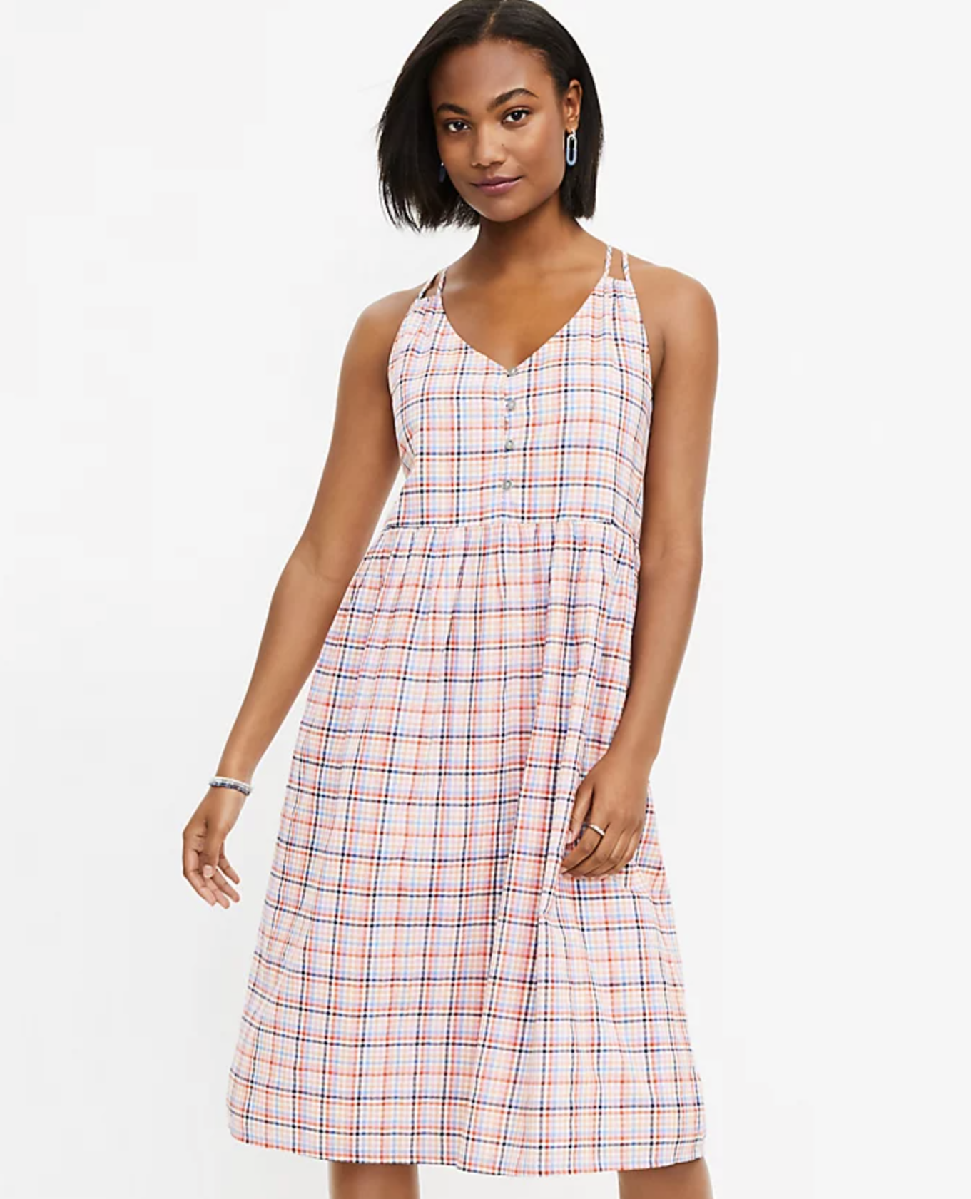 NWT Ann Taylor Loft Plaid Strappy Button Accent Midi Dress Shift Size 10P Pink