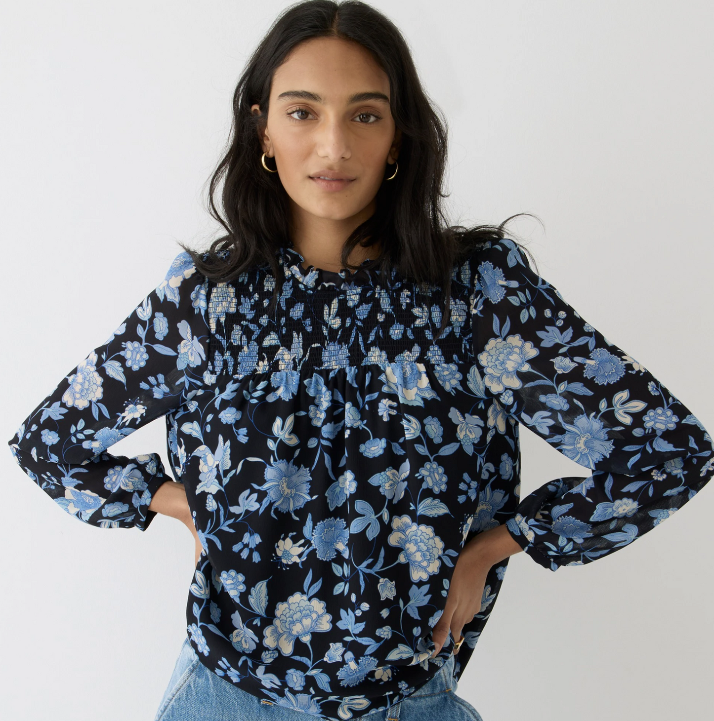 J Crew Ruffle Neck Chiffon Top in Midnight Blue Black Floral Size S Blouse Long Sleeve