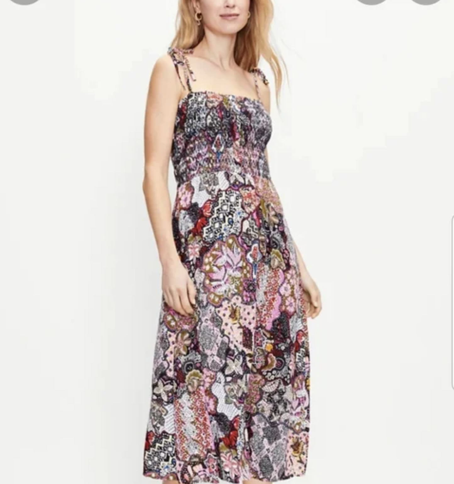 Ann Taylor Loft Multi Color Geometric Print Smocked Tie Strap Midi Dress PM MP
