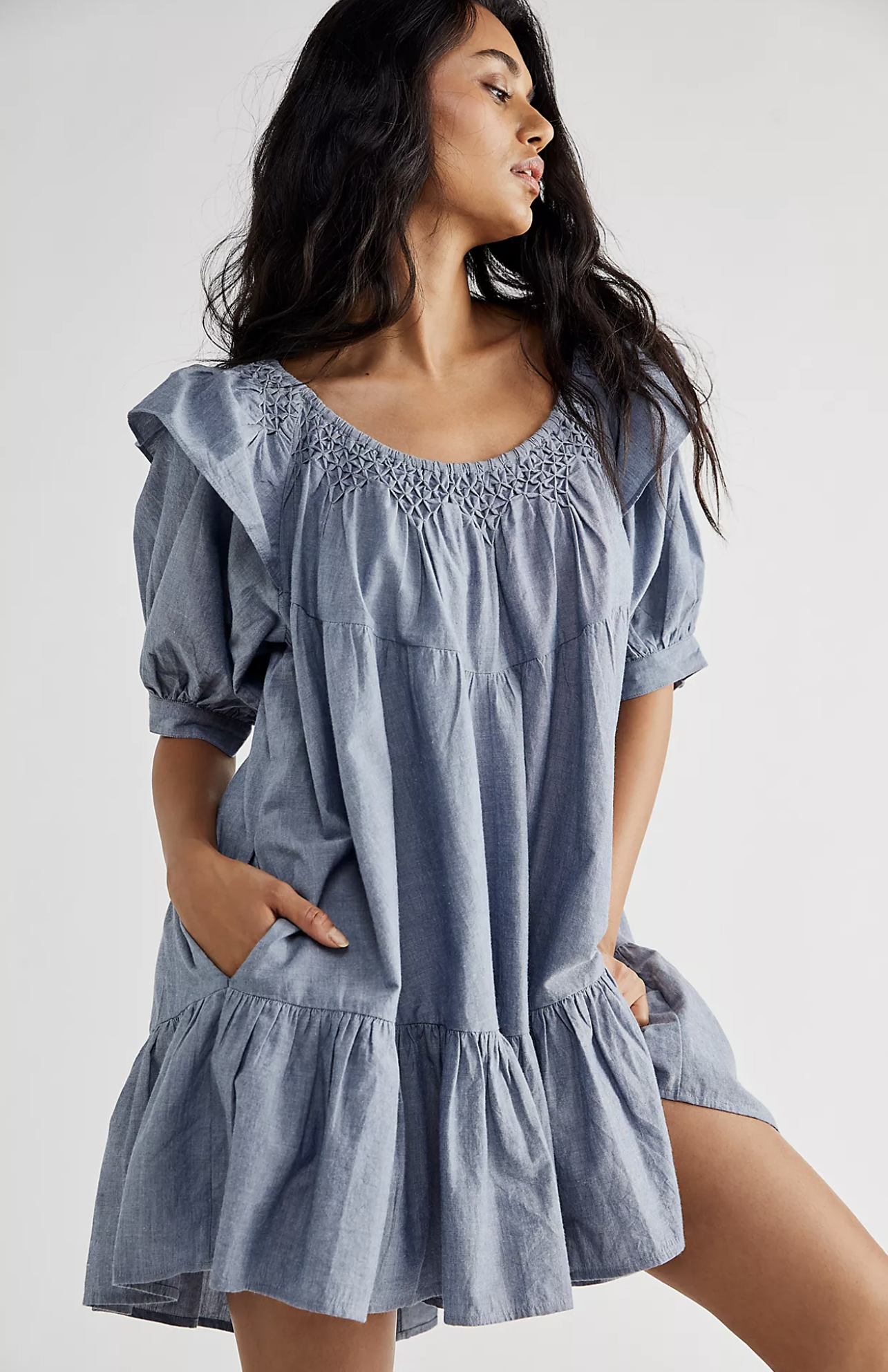 NWT Free People Amelie Denim Chambray Ruffle Mini Shift Dress Size S Indigo