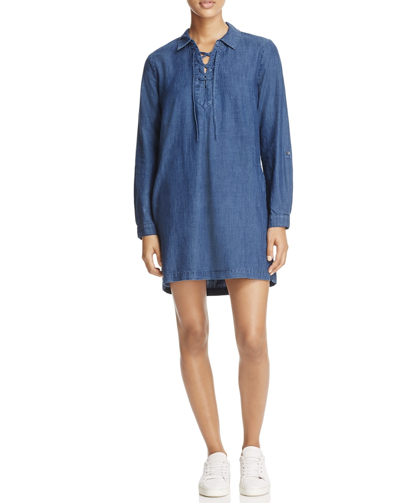 Soft Joie Katiana Denim Chambray Lace Up Neckline Long Sleeve Shift Dress Size S