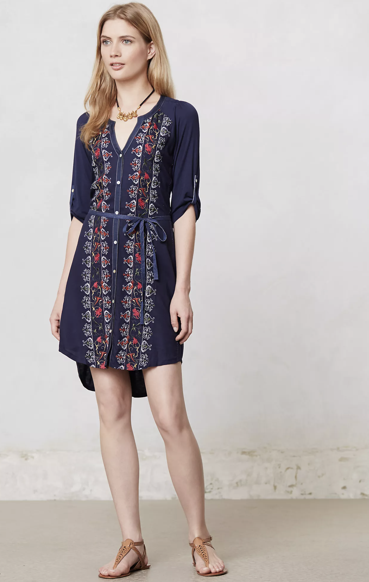 Tiny Anthropologie Plein Air Navy Blue Embroidered Shirt Dress Tie Waist Size XS