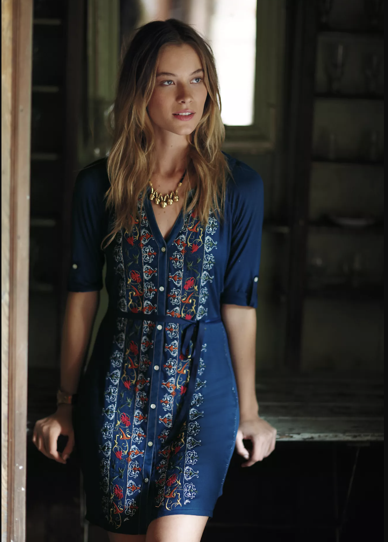 Tiny Anthropologie Plein Air Navy Blue Embroidered Shirt Dress Tie Waist Size XS