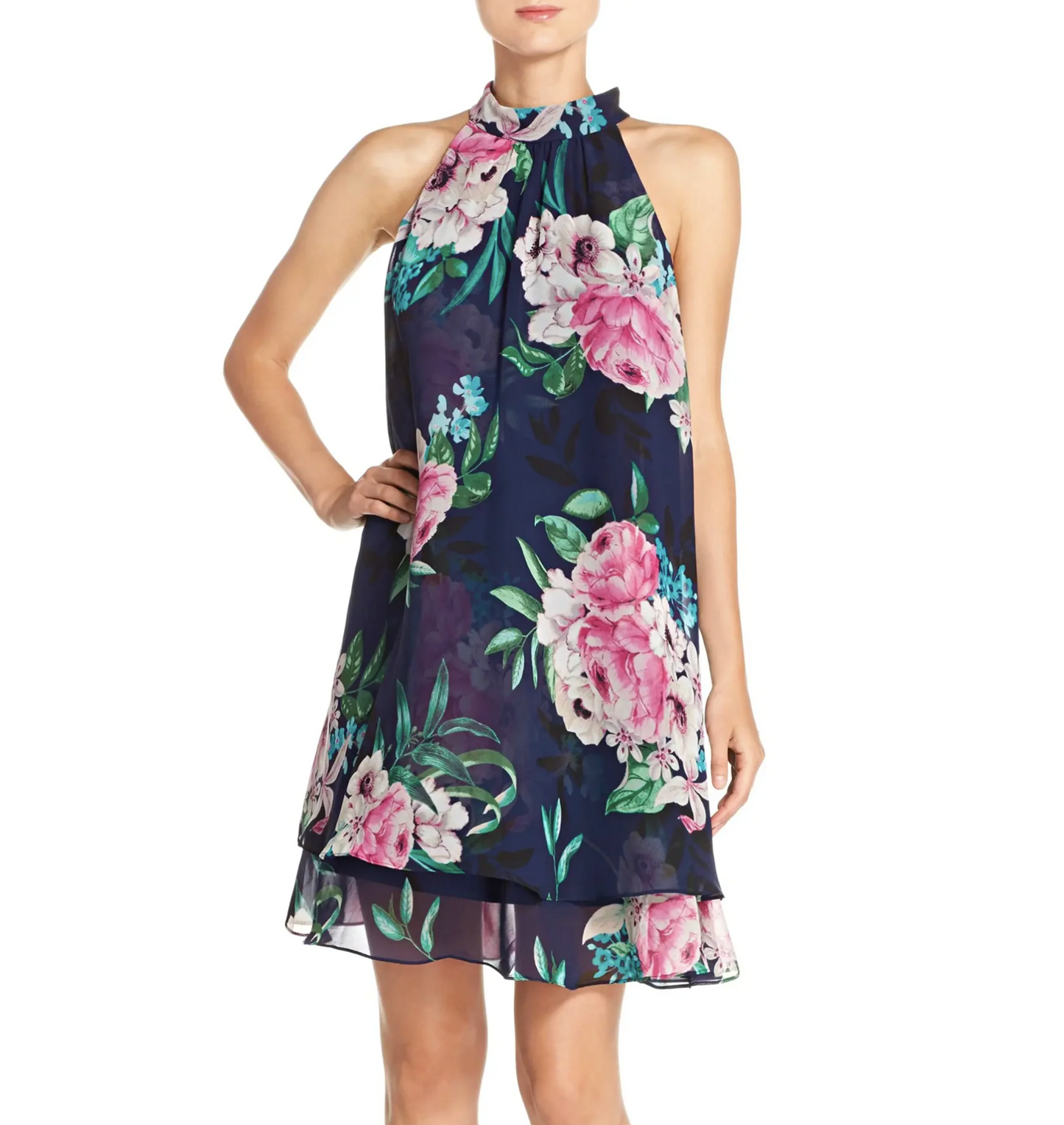 Eliza J Navy Blue Floral Print Tiered Chiffon Halter Swing Shift Dress Size 14