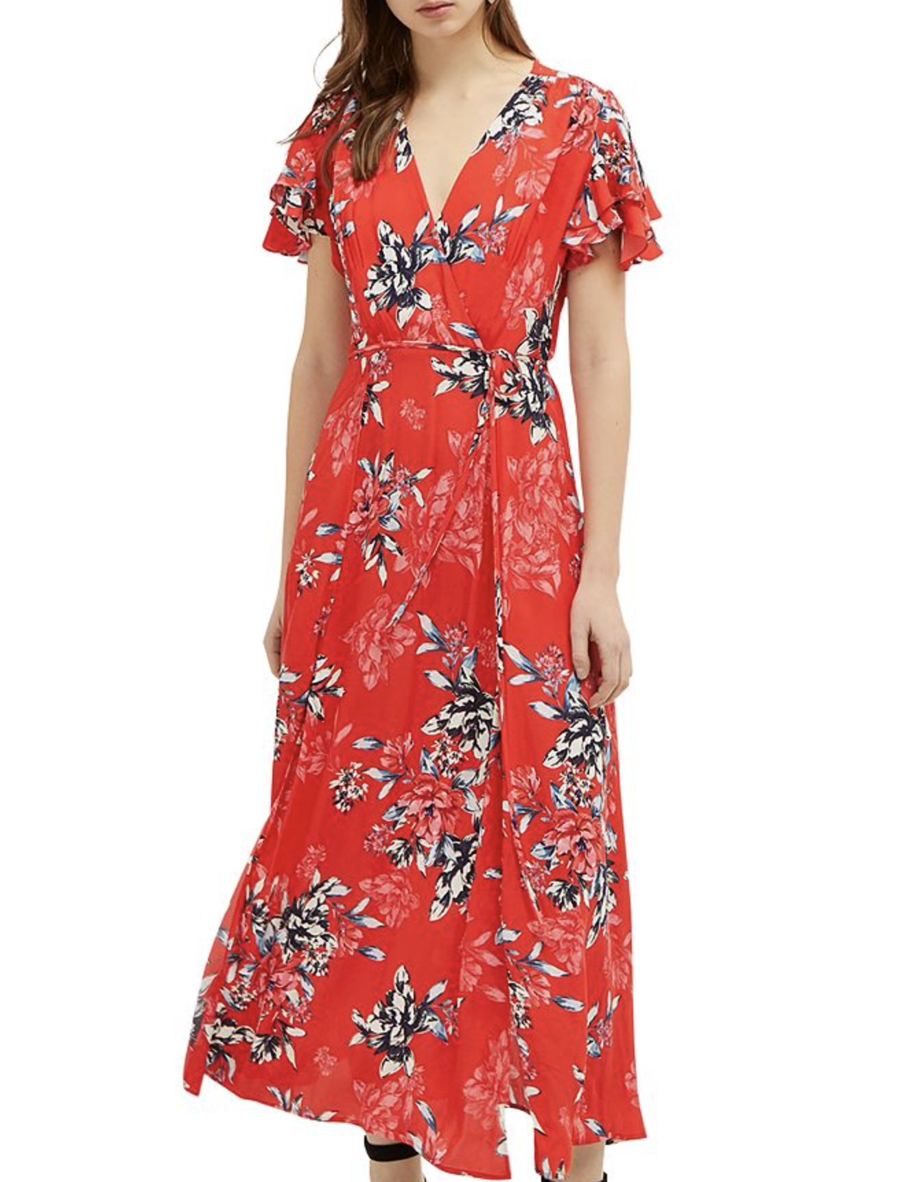 French Connection Coletta Red Floral Print Tie Waist Maxi Dress Size 4 V Neck