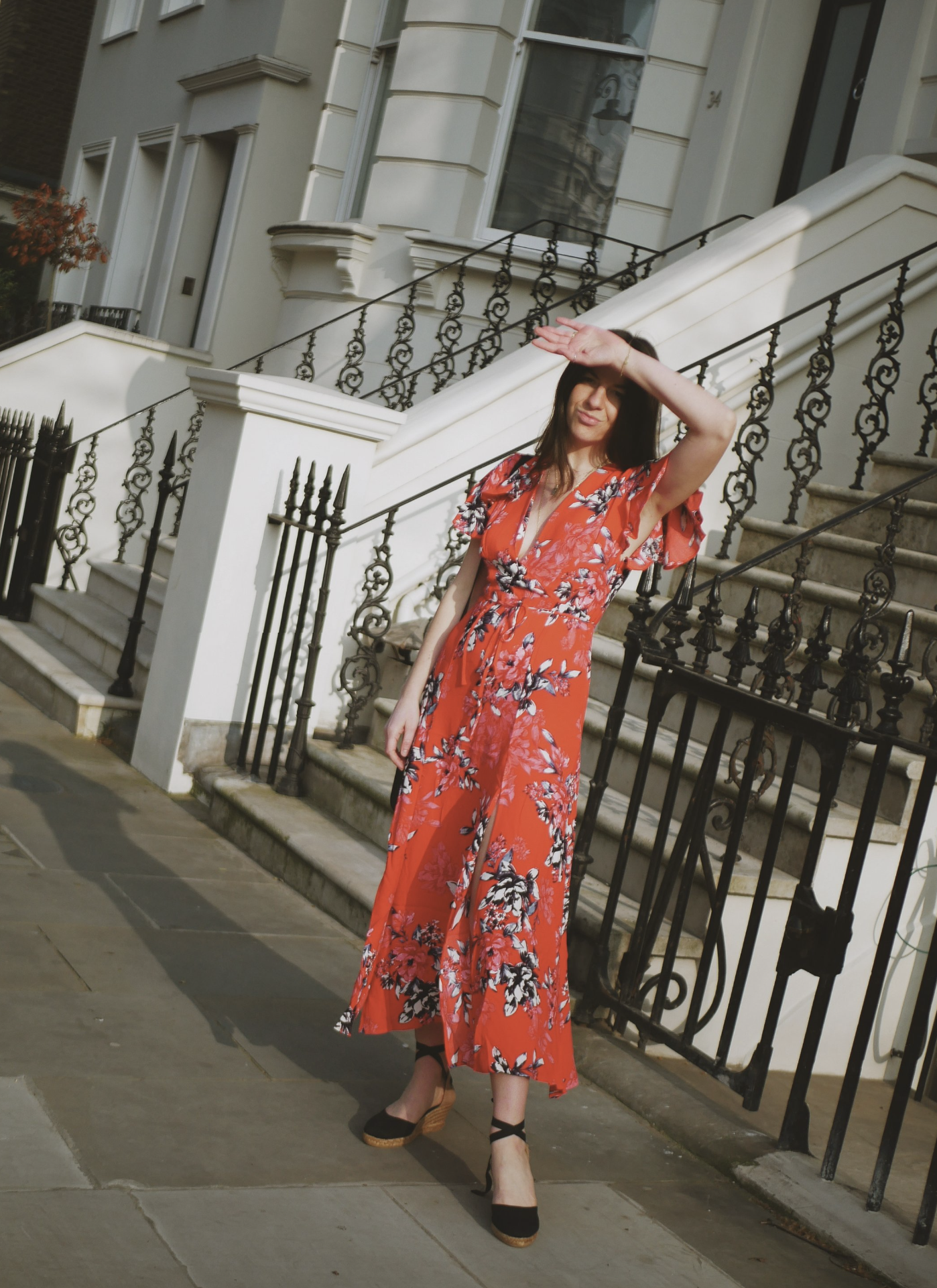 French Connection Coletta Red Floral Print Tie Waist Maxi Dress Size 4 V Neck