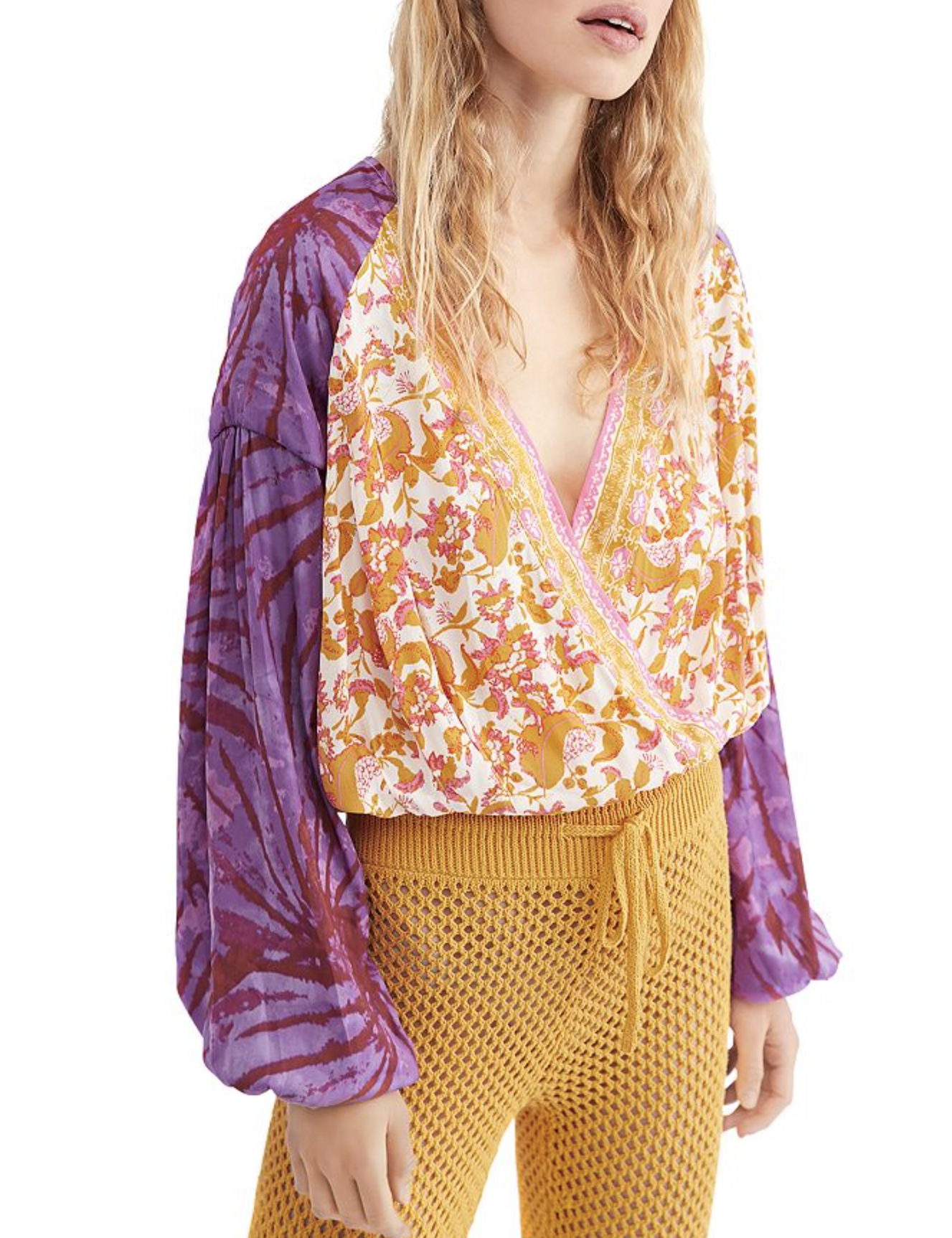 Free People Cruisin Together Surplice Wrap Front Printed Top Blouse Size XS Long Sleeve