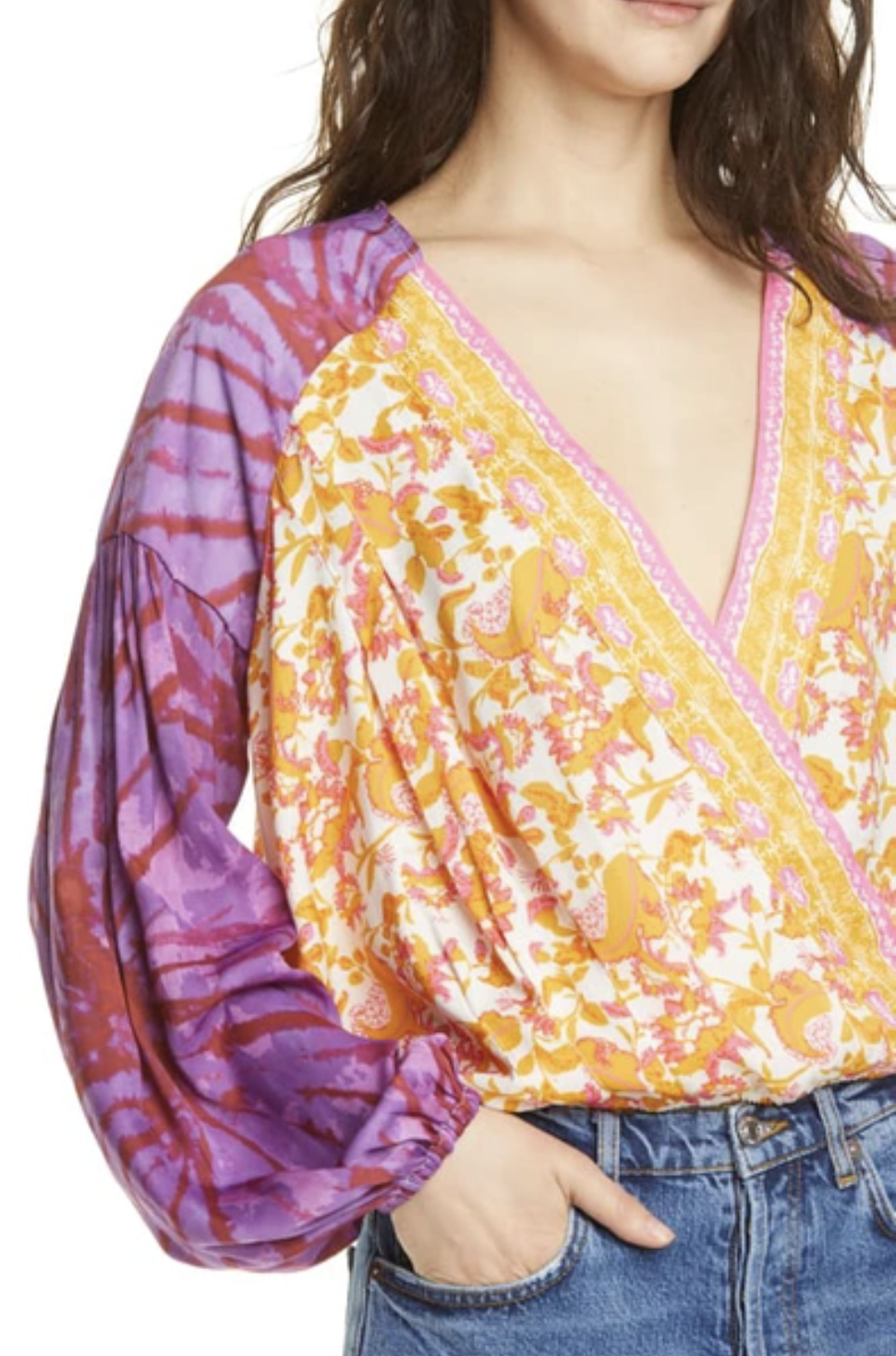 Free People Cruisin Together Surplice Wrap Front Printed Top Blouse Size XS Long Sleeve