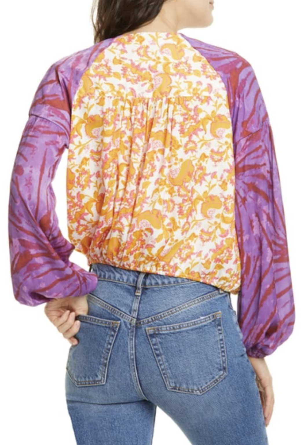 Free People Cruisin Together Surplice Wrap Front Printed Top Blouse Size XS Long Sleeve