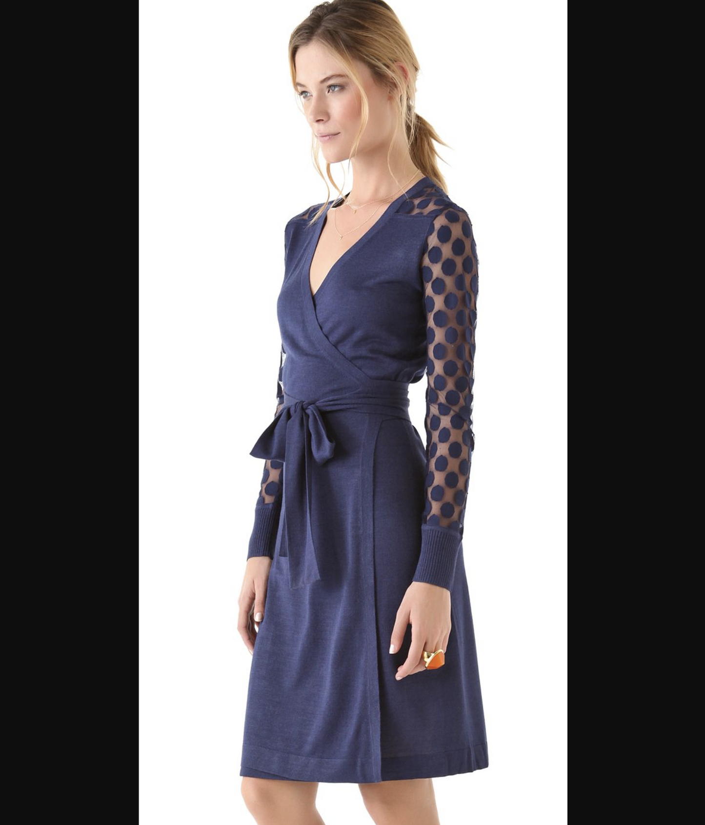 Diane Von Furstenberg Linda Blue Silk Mesh Polka Dot Long Sleeve Wrap Dress Sz S