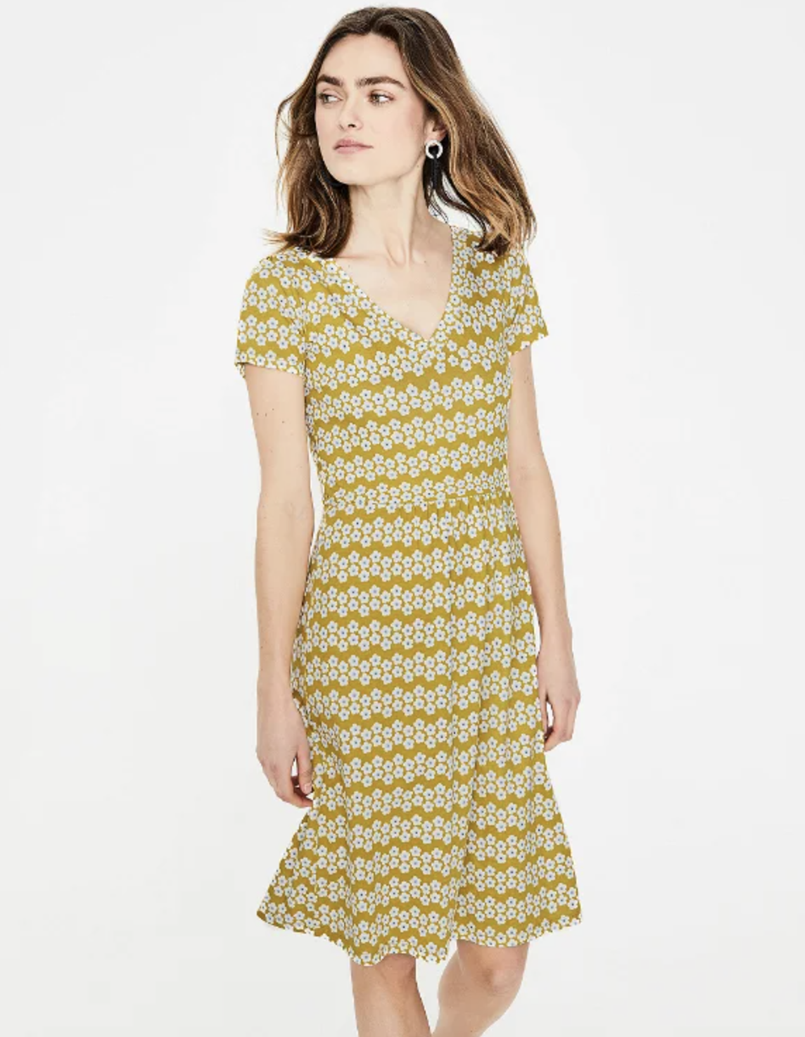 Boden Penelope Mustard Yellow Floral Daisy Print Casual Jersey Dress Sz US 2R 2