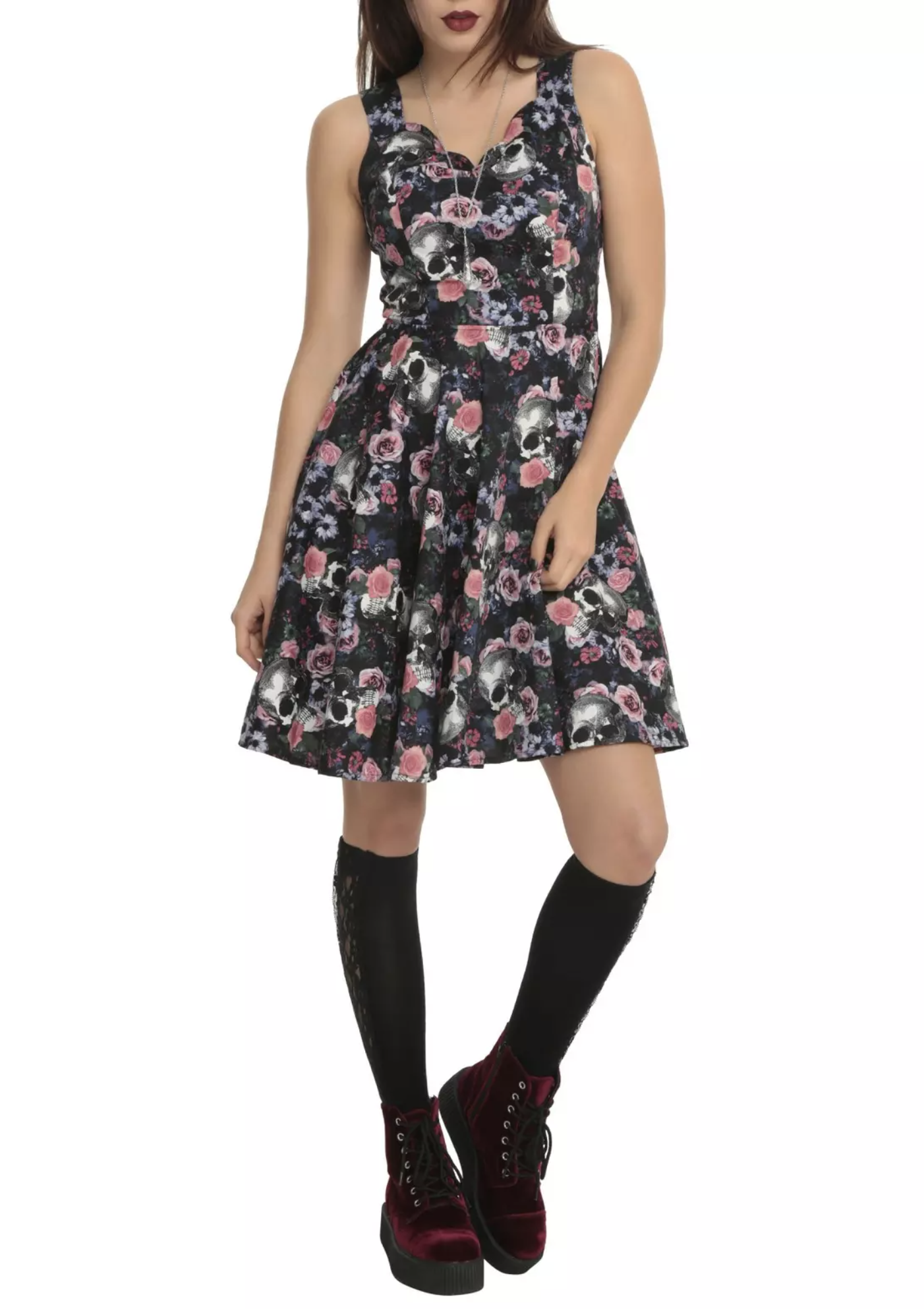 Hell Bunny Black Floral Skull Print Cutout Back Fit and Flare Dress Size M