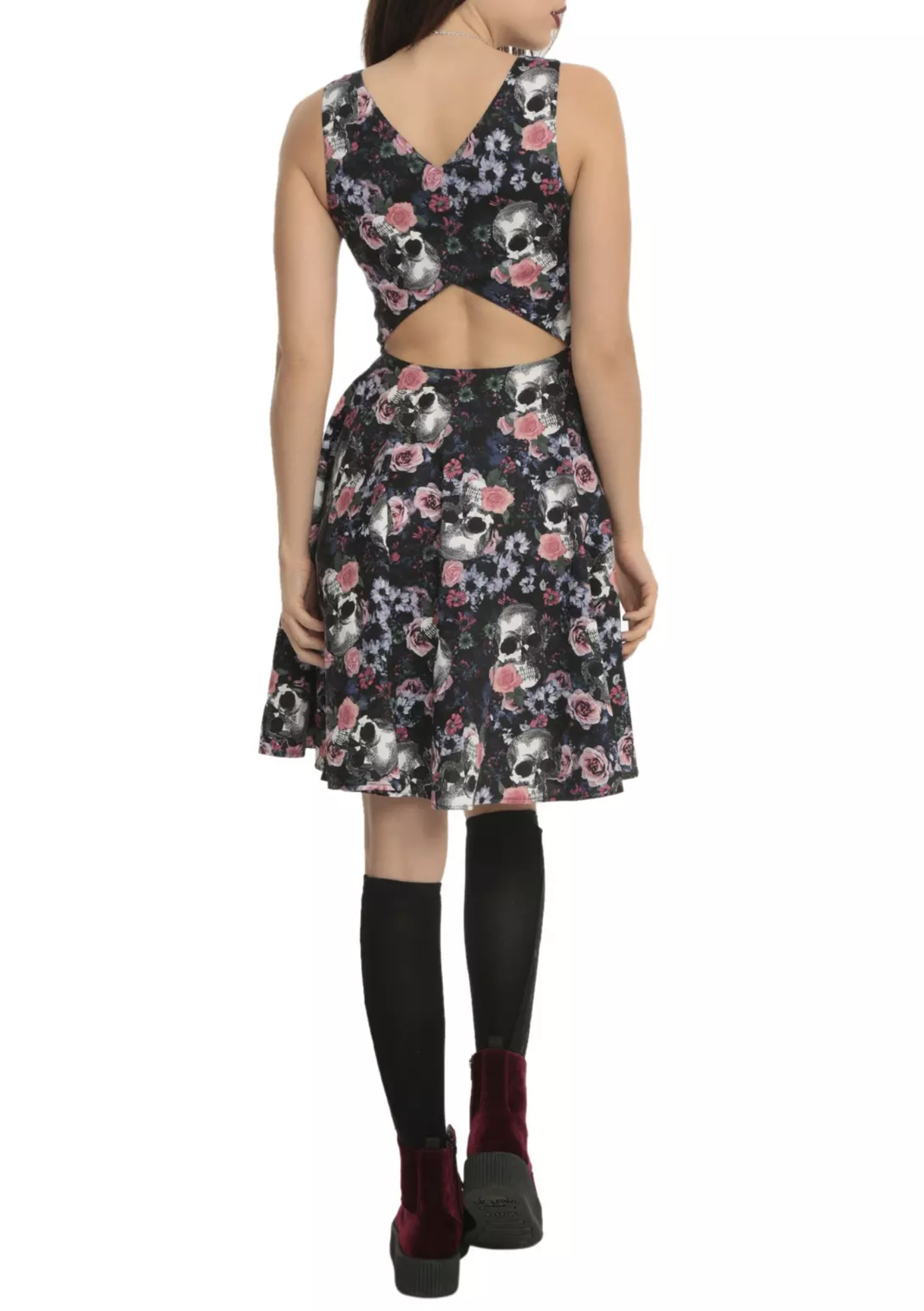 Hell Bunny Black Floral Skull Print Cutout Back Fit and Flare Dress Size M