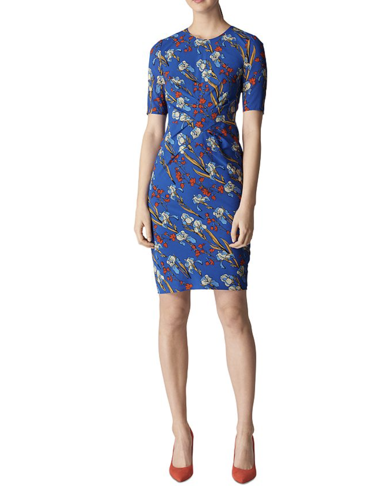 Whistles Phoebe Iris Floral Print Ruched Silk Sheath Dress Size US 10 UK 14