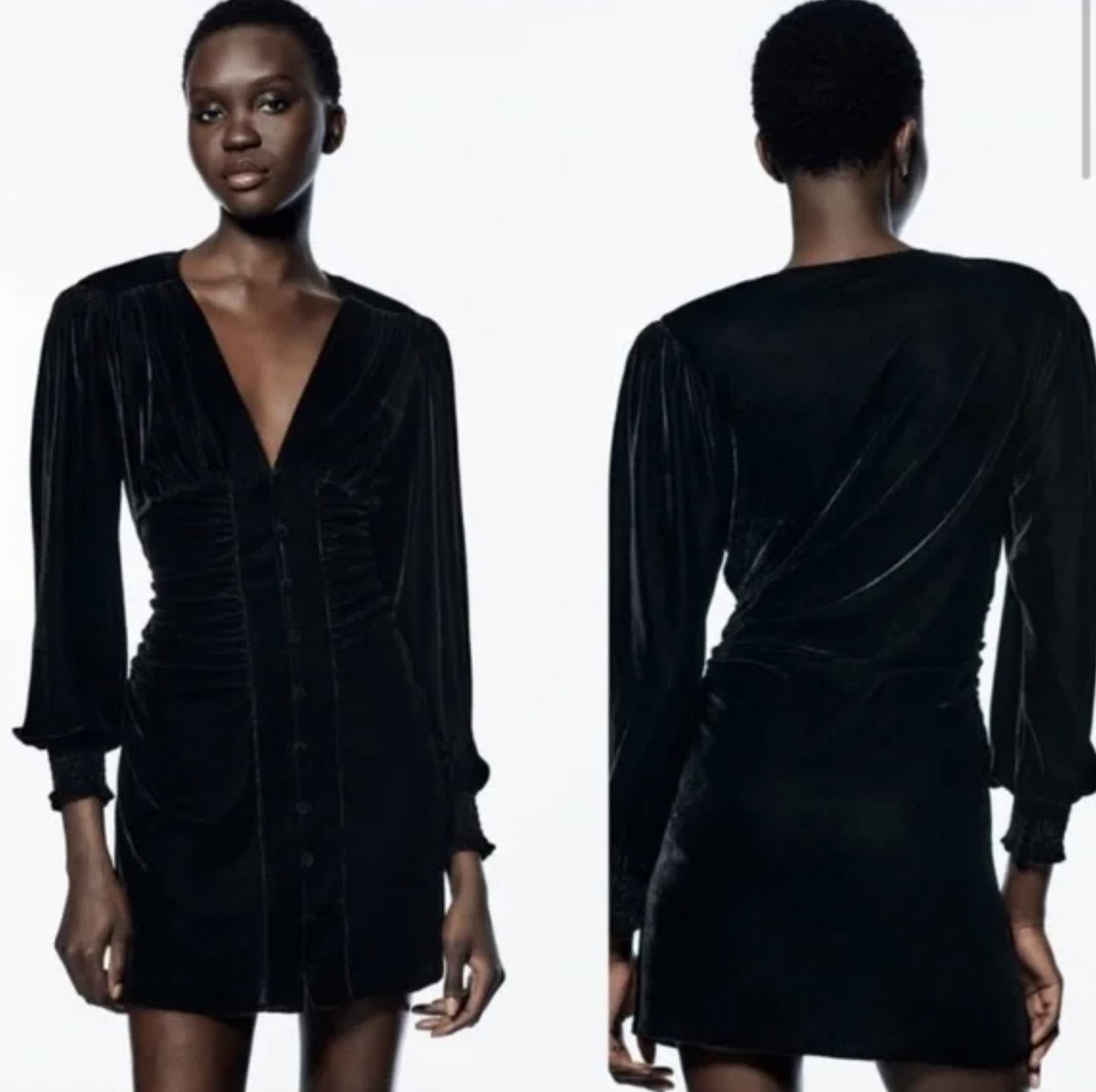 NWT Zara Black Velvet Ruched V Neck Alessa Mini Dress Size S Cocktail Party