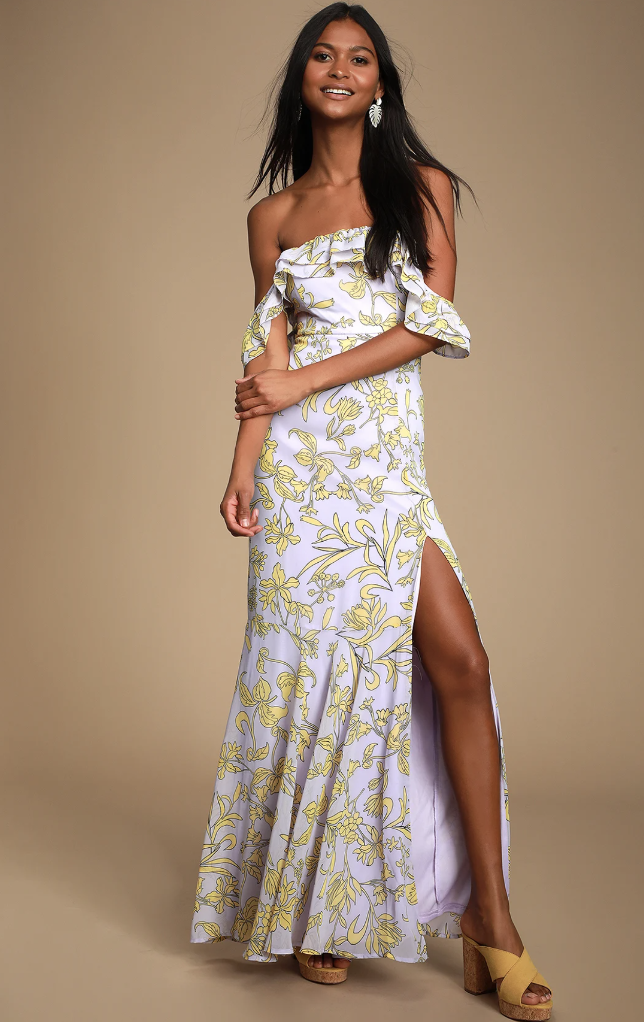 NWT Lulus Lavender Yellow Floral Off the Shoulder Maxi Dress Gown Size M Evening