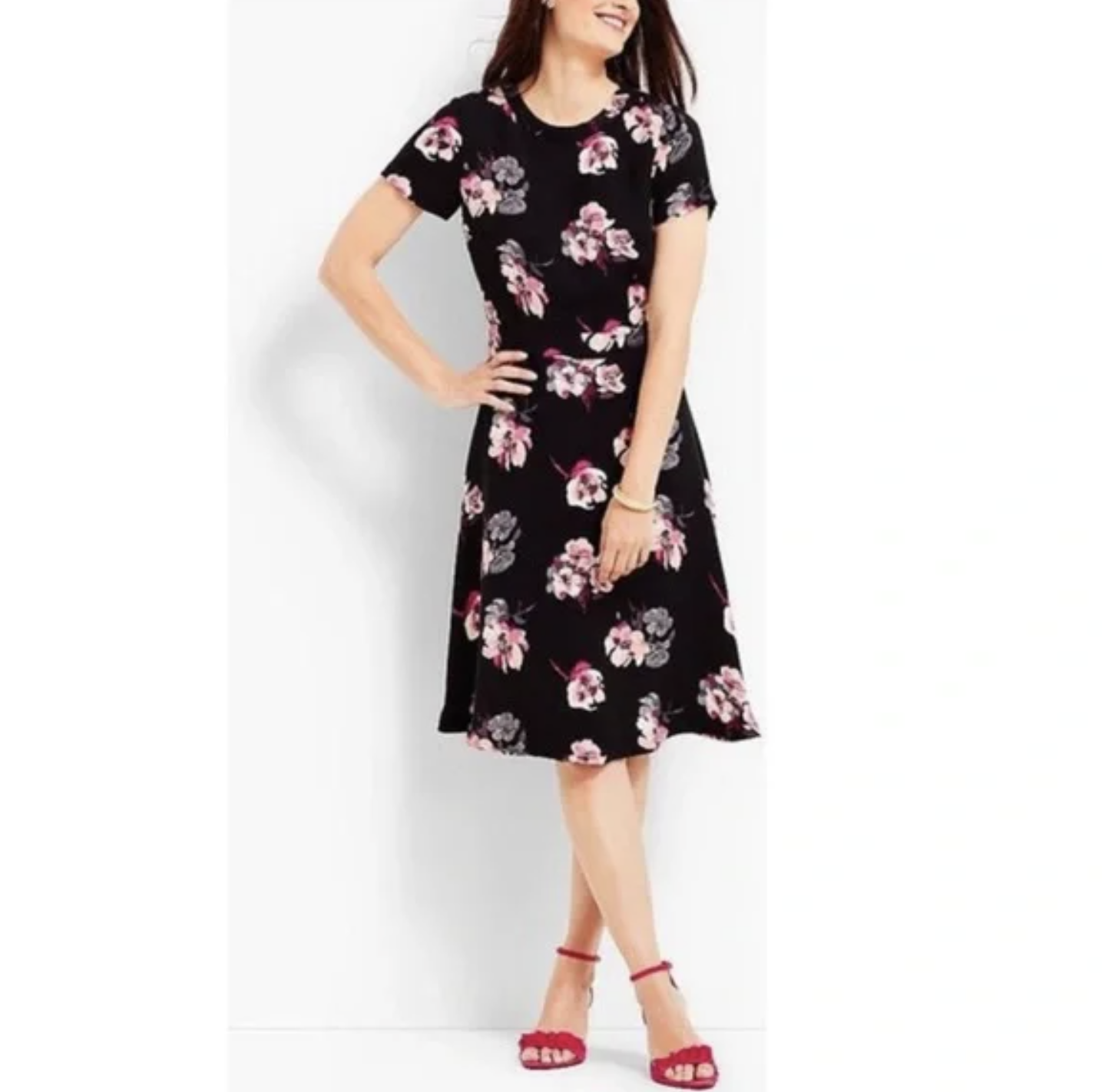 NWT Talbots Black Pink Floral Print Fit and Flare Short Sleeve Dress Size 6