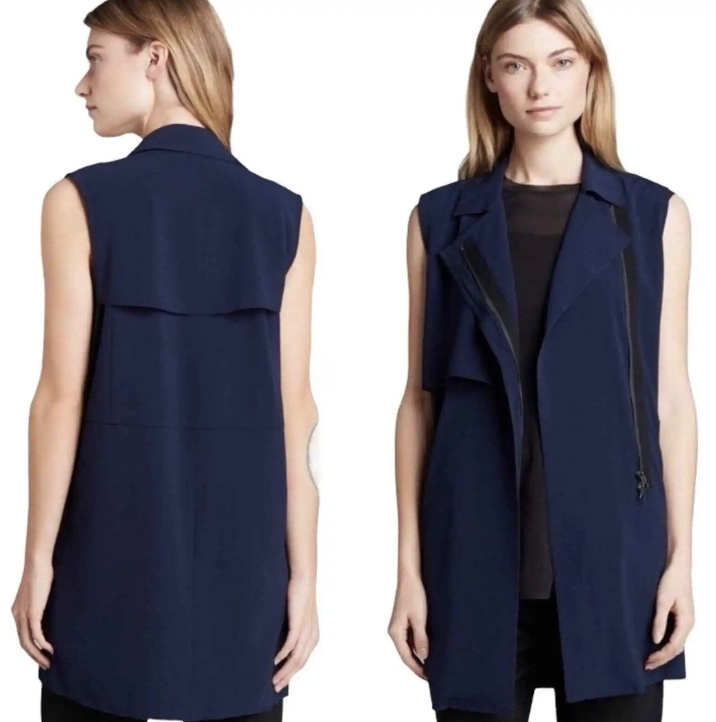 VINCE Navy Blue Laser Cut Trench Style Vest Jacket Zip Front Size S Sleeveless