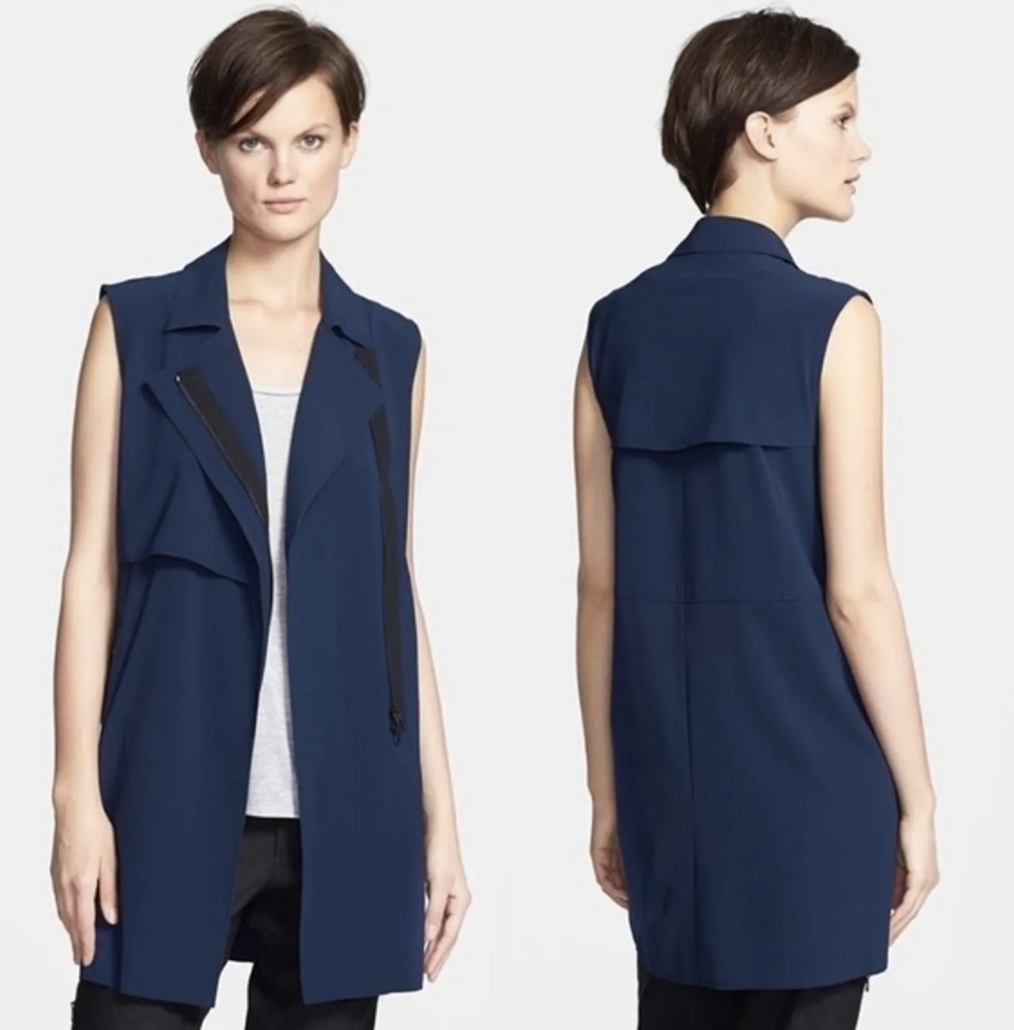 VINCE Navy Blue Laser Cut Trench Style Vest Jacket Zip Front Size S Sleeveless
