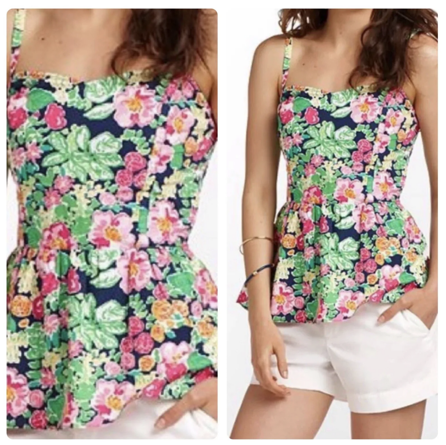 Lilly Pulitzer Gardenia Floral Print Peplum Tank Top Blouse Size 4 Blue Green