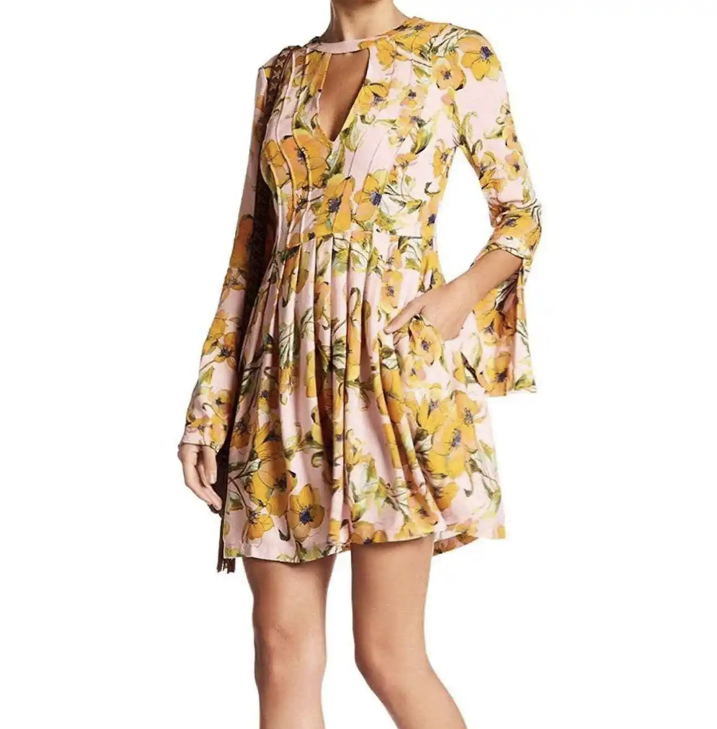 Free People Tegan Pink Yellow Floral Print Tunic Mini Dress Size 6 Keyhole