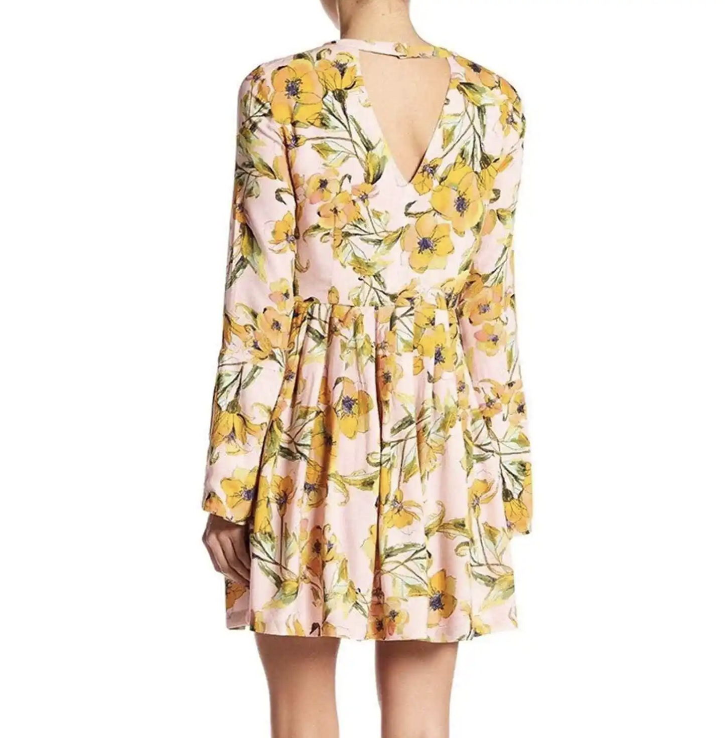 Free People Tegan Pink Yellow Floral Print Tunic Mini Dress Size 6 Keyhole