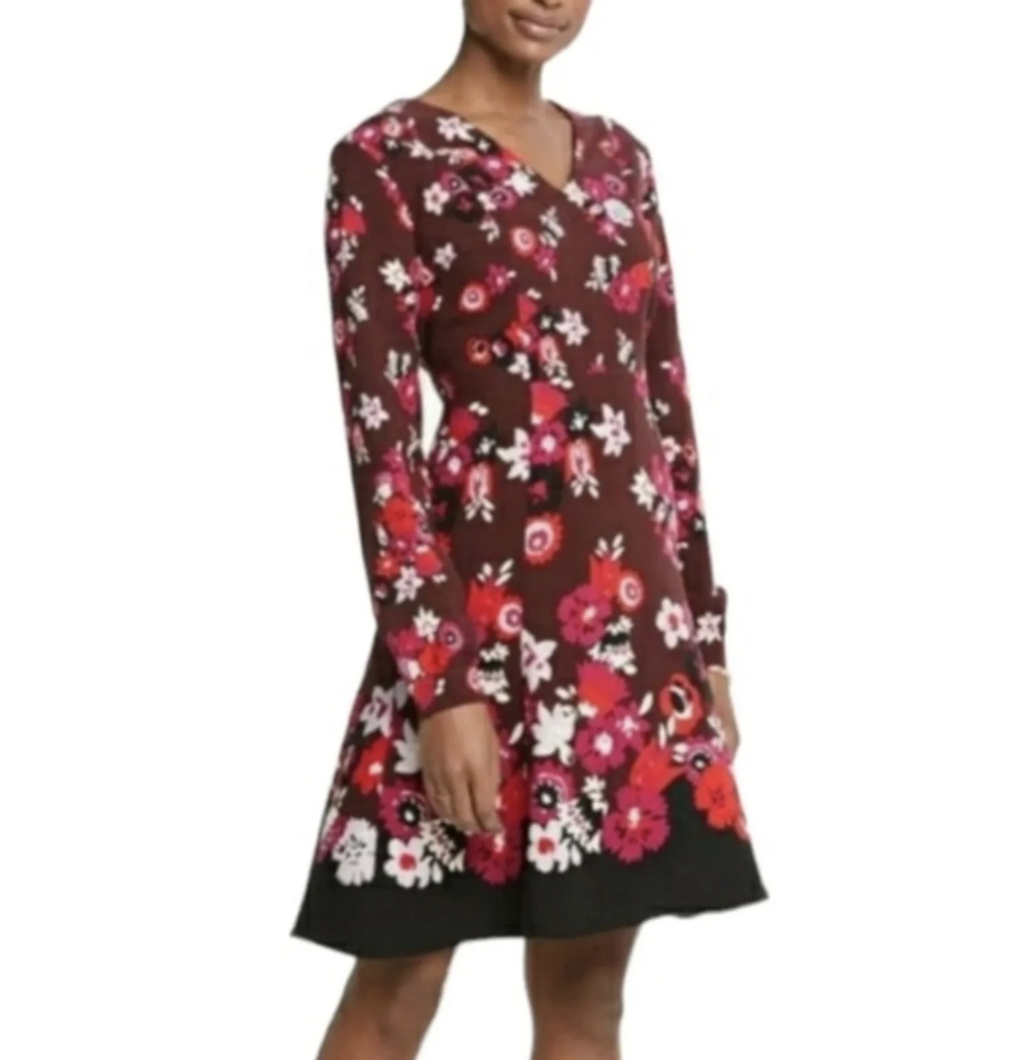 NWT Ann Taylor Burgundy Floral Print A Line Flared Dress Size 4P Pink Red V Neck