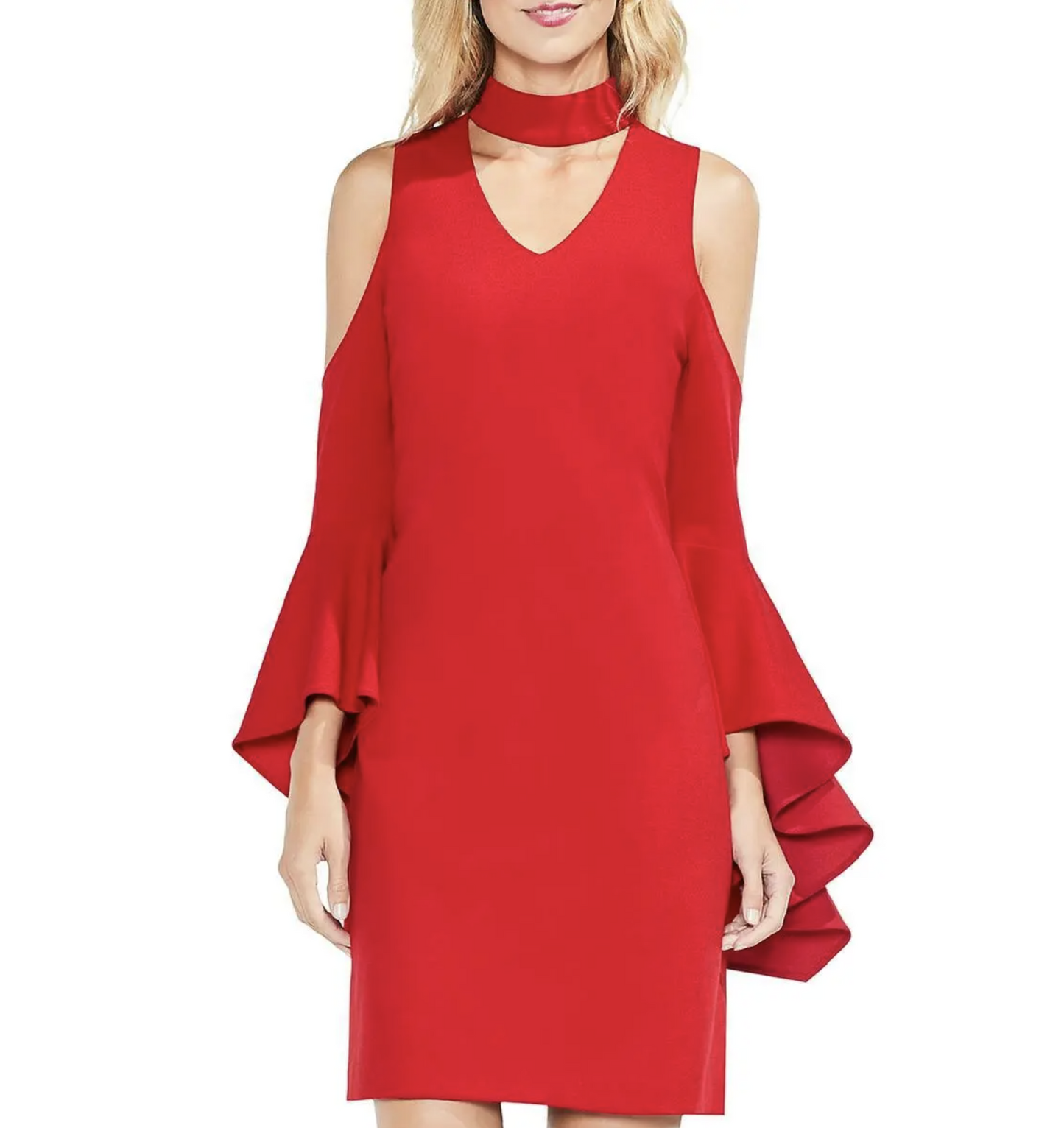 Vince Camuto Red Choker Collar Keyhole Ruffle Bell Sleeve Dress Cocktail Size L