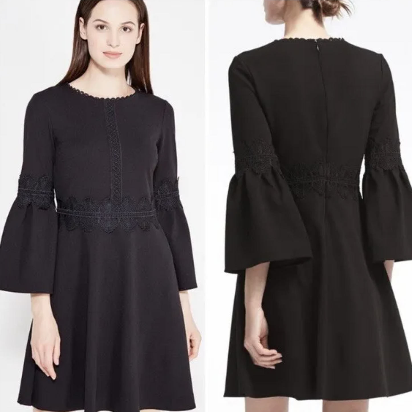 NWT Banana Republic Black Ponte Lace Trim Bell Sleeve Fit and Flare Dress Size 6