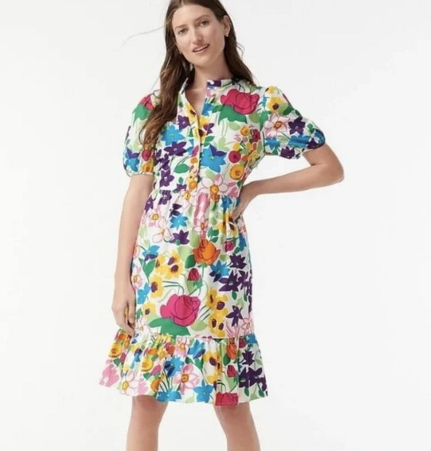 J Crew Vibrant Garden Colorful Floral Print Puff Sleeve Dress Size 6 Flounce Hem