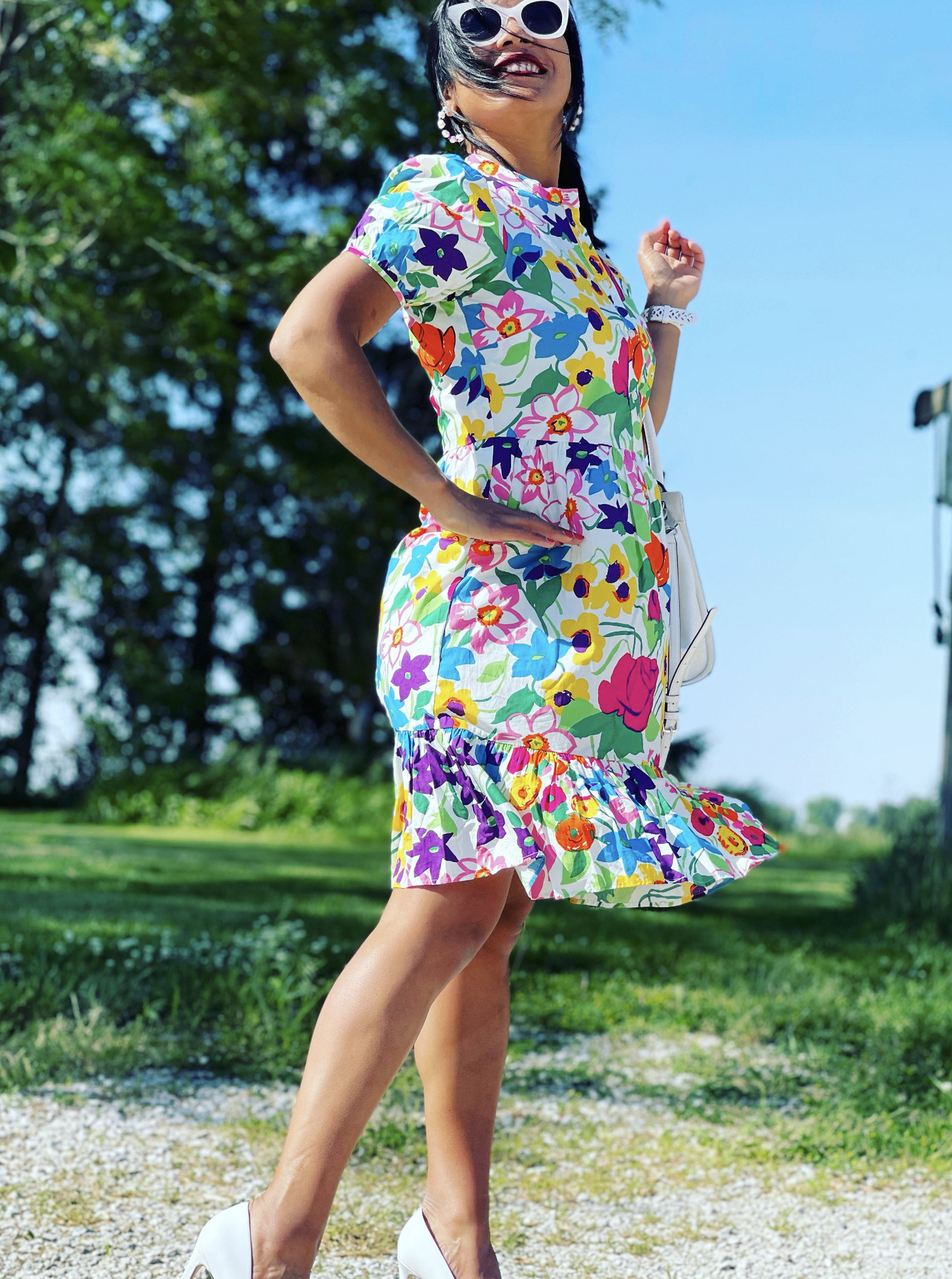 J Crew Vibrant Garden Colorful Floral Print Puff Sleeve Dress Size 6 Flounce Hem