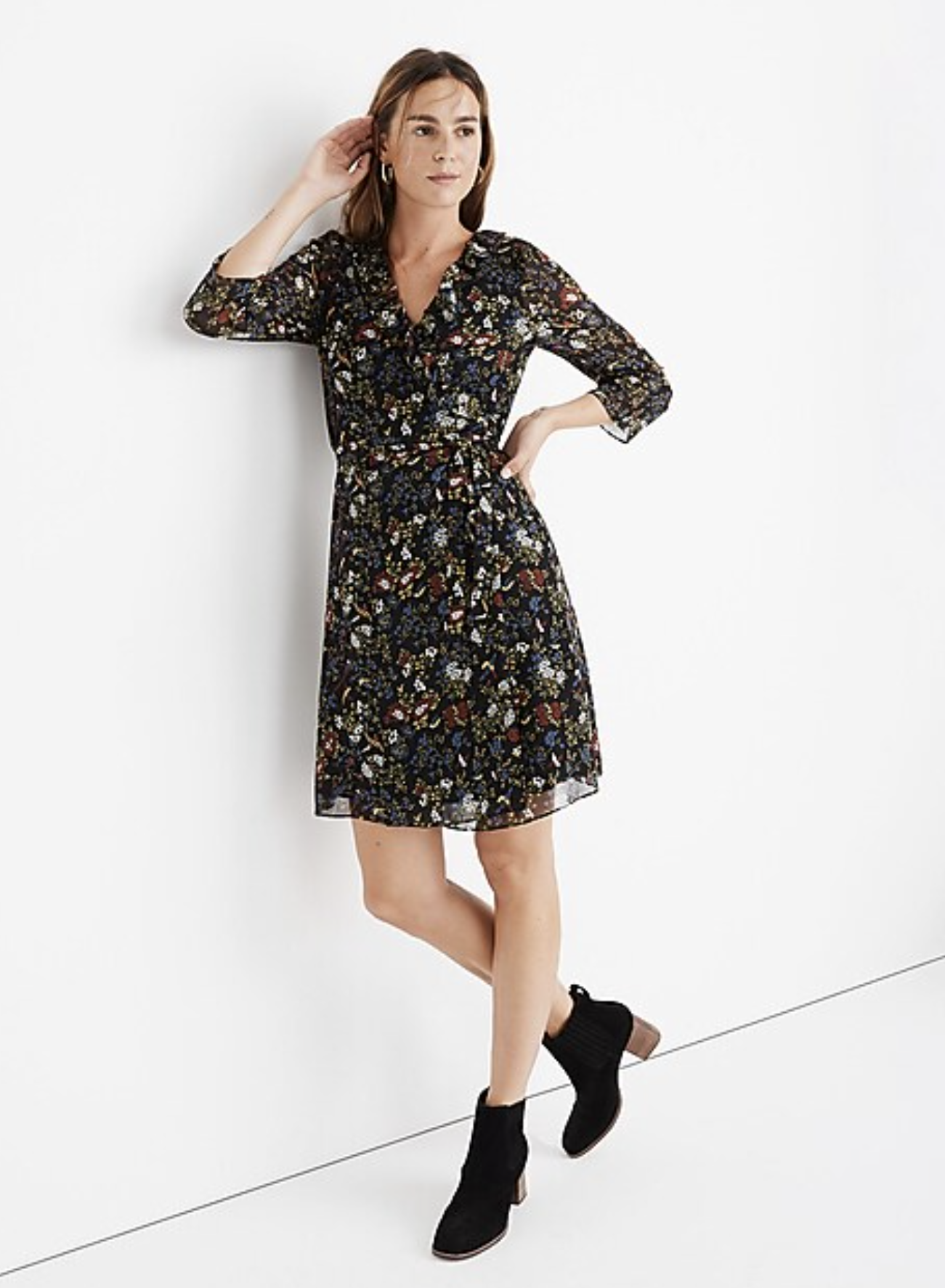 Madewell Black Finch Floral Bird Print Ruffle Trim Wrap Tie Dress Size XS V Neck