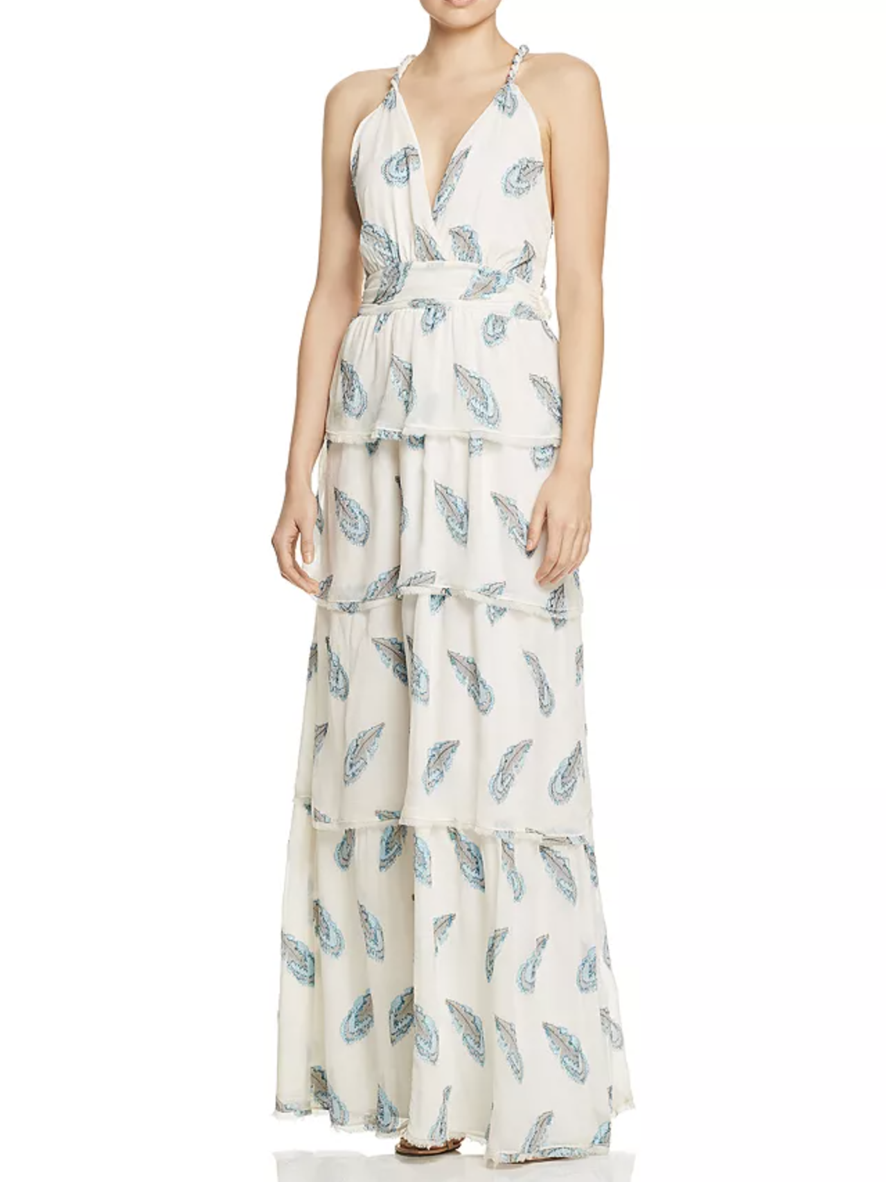 NWT $645 Ramy Brook Toleda Ivory Blue Ruffle Tiered Tie Back Maxi Dress Size L