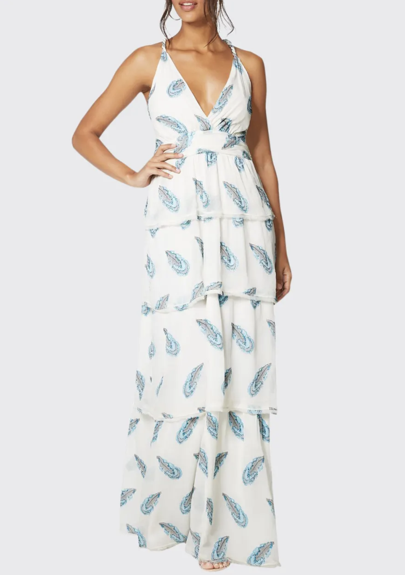 NWT $645 Ramy Brook Toleda Ivory Blue Ruffle Tiered Tie Back Maxi Dress Size L