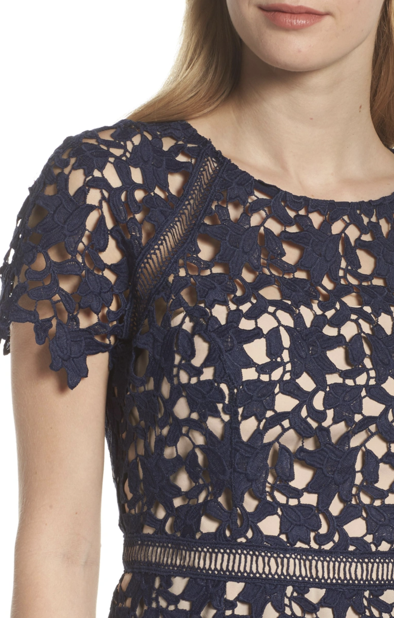 Eliza J Womens Navy Blue Crochet Lace Overlay Sheath Dress Size 2 Cocktail Party