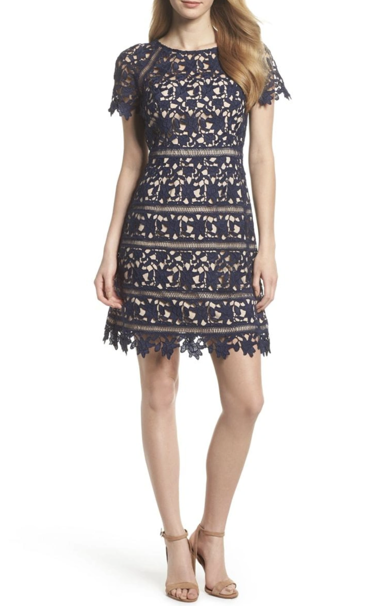 Eliza J Womens Navy Blue Crochet Lace Overlay Sheath Dress Size 2 Cocktail Party