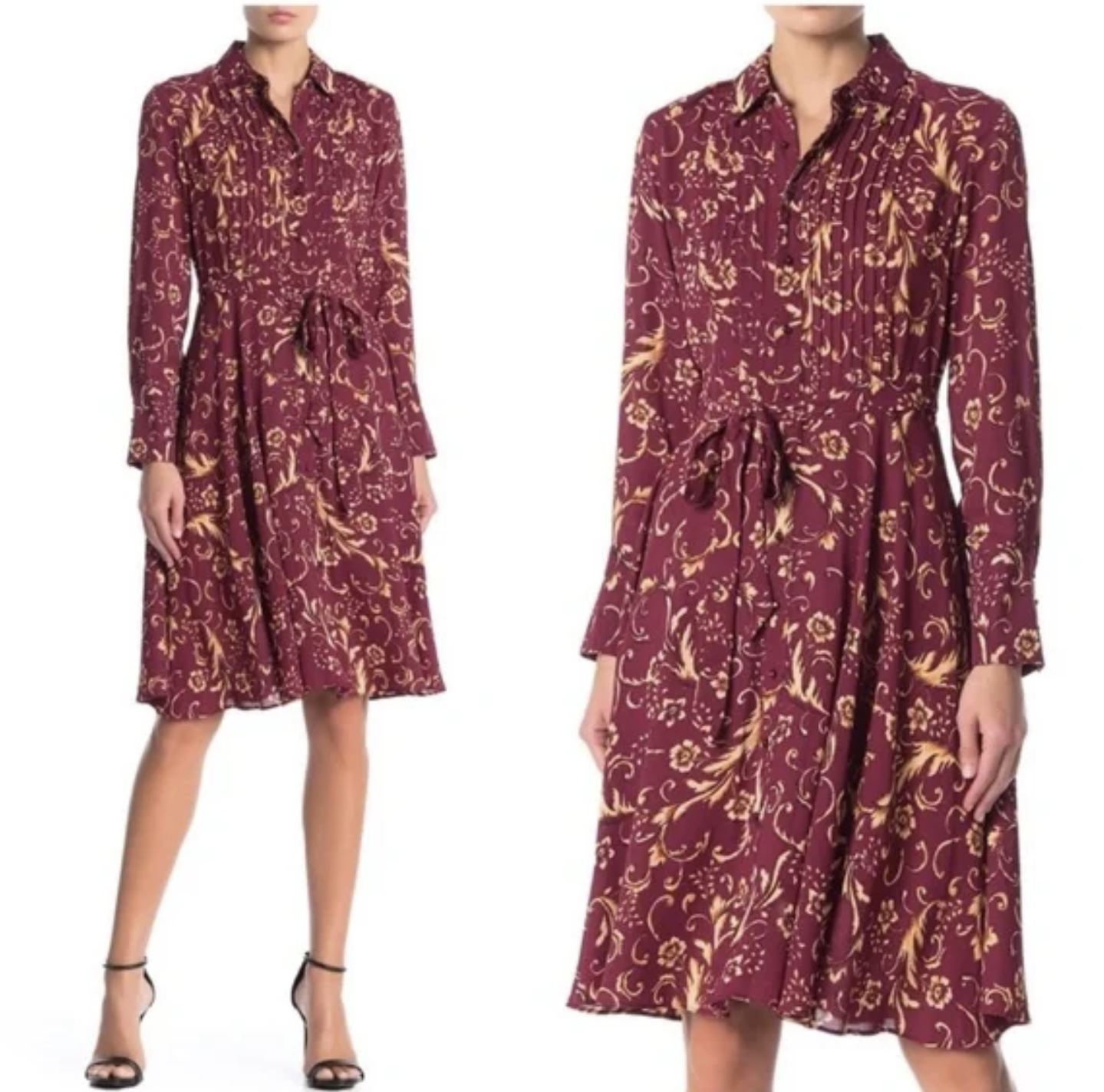 Nanette Lepore Burgundy Yellow-Gold Floral Paisley Button Front Shirt Dress Sz 4