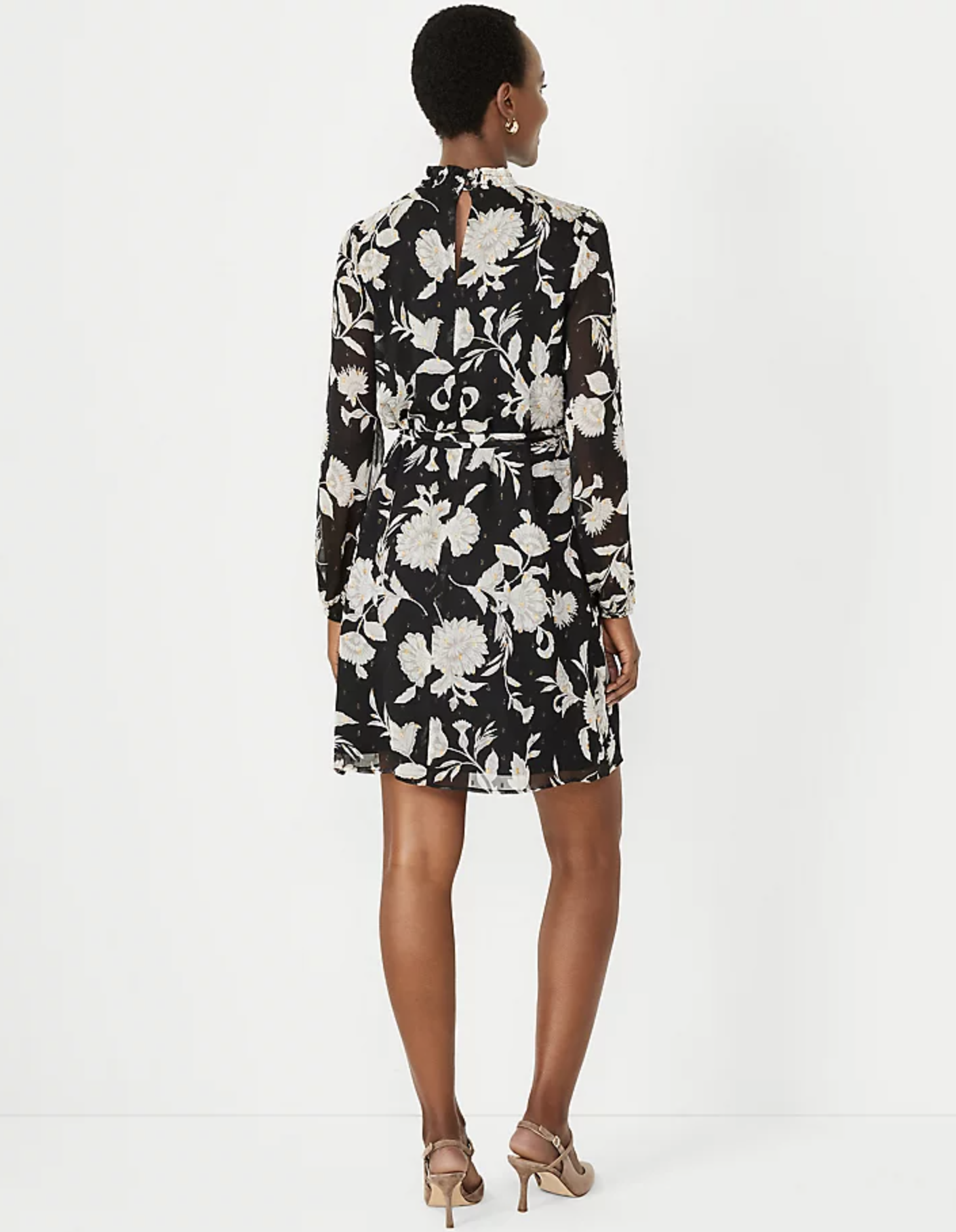 Ann Taylor Black Baroque Floral Smocked Mock Neck Tie Waist Shift Dress Size XS