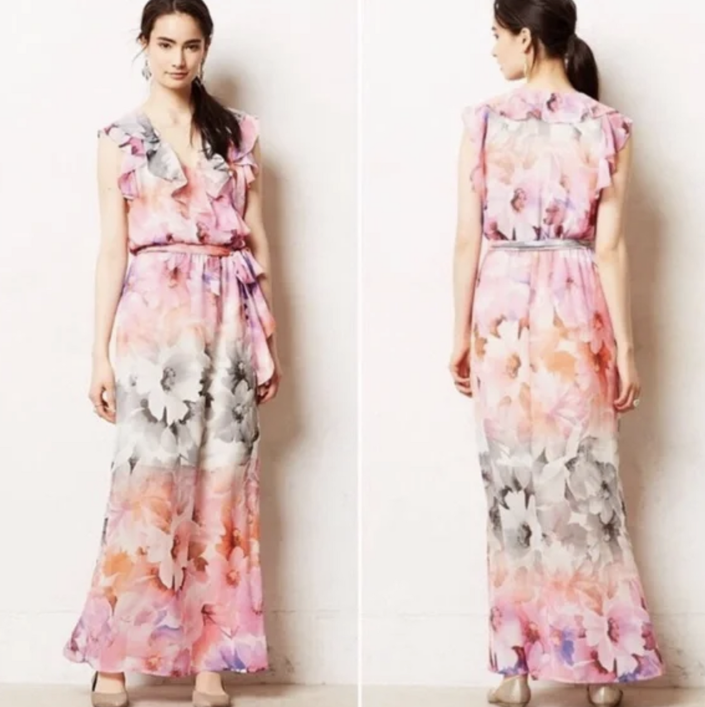 HD in Paris Anthropologie Easel Floral Flutter Ruffle Maxi Dress Size 8 Pink