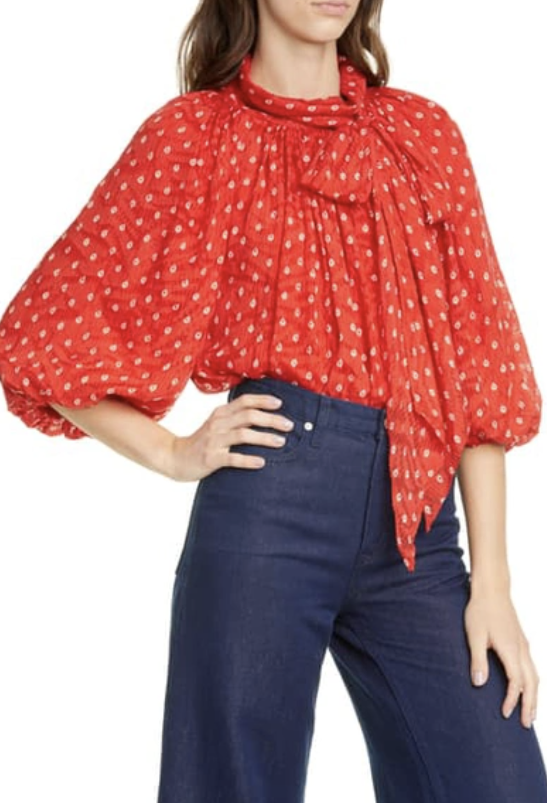 Rebecca Taylor Puff Sleeve Tie Neck Sunrise Dot Top Blouse Lava Red Size 6 Silk