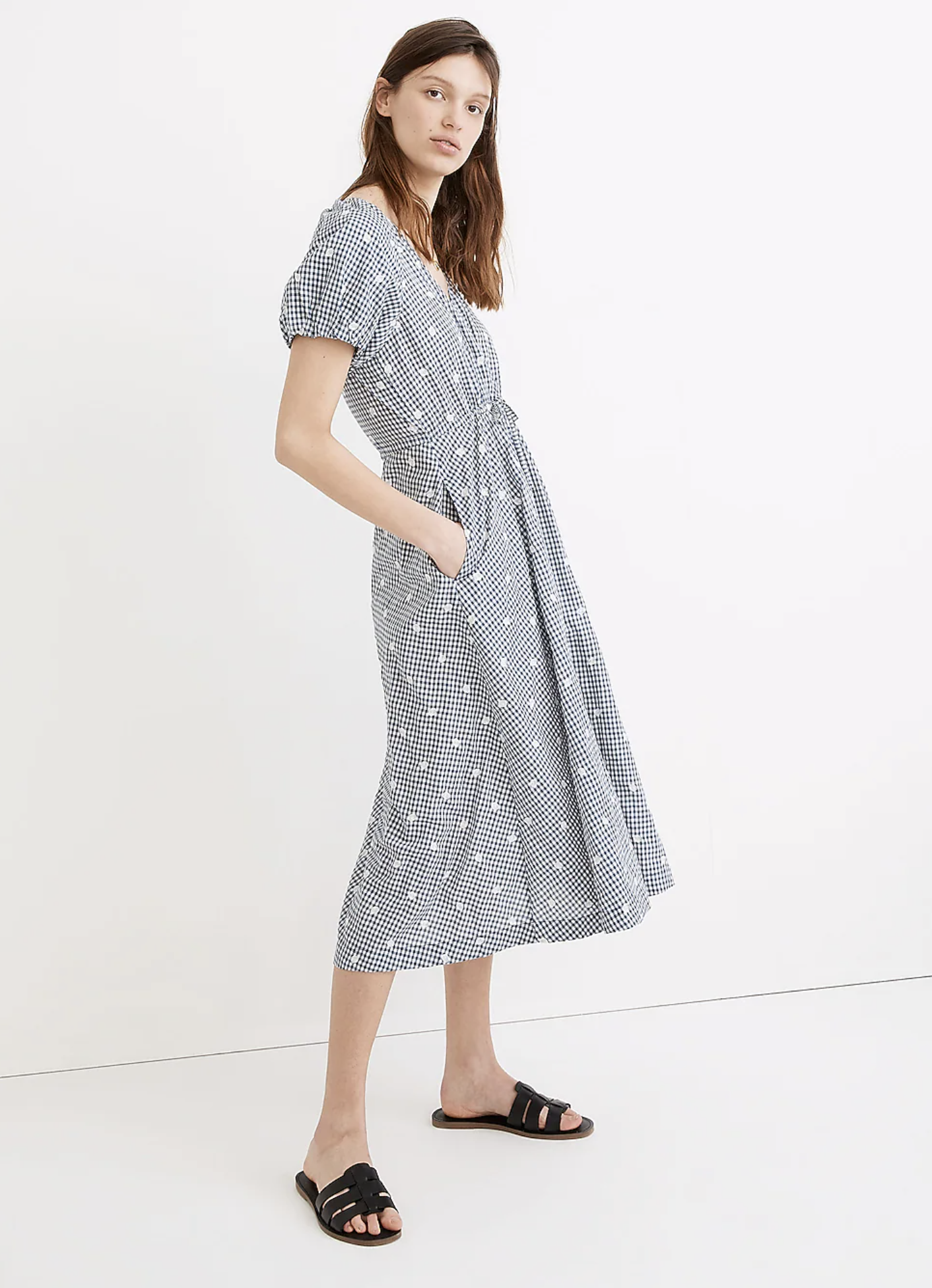 Madewell Blue Gingham Plaid Polka Dot Embroidered Tie Waist Midi Dress XXS 2XS