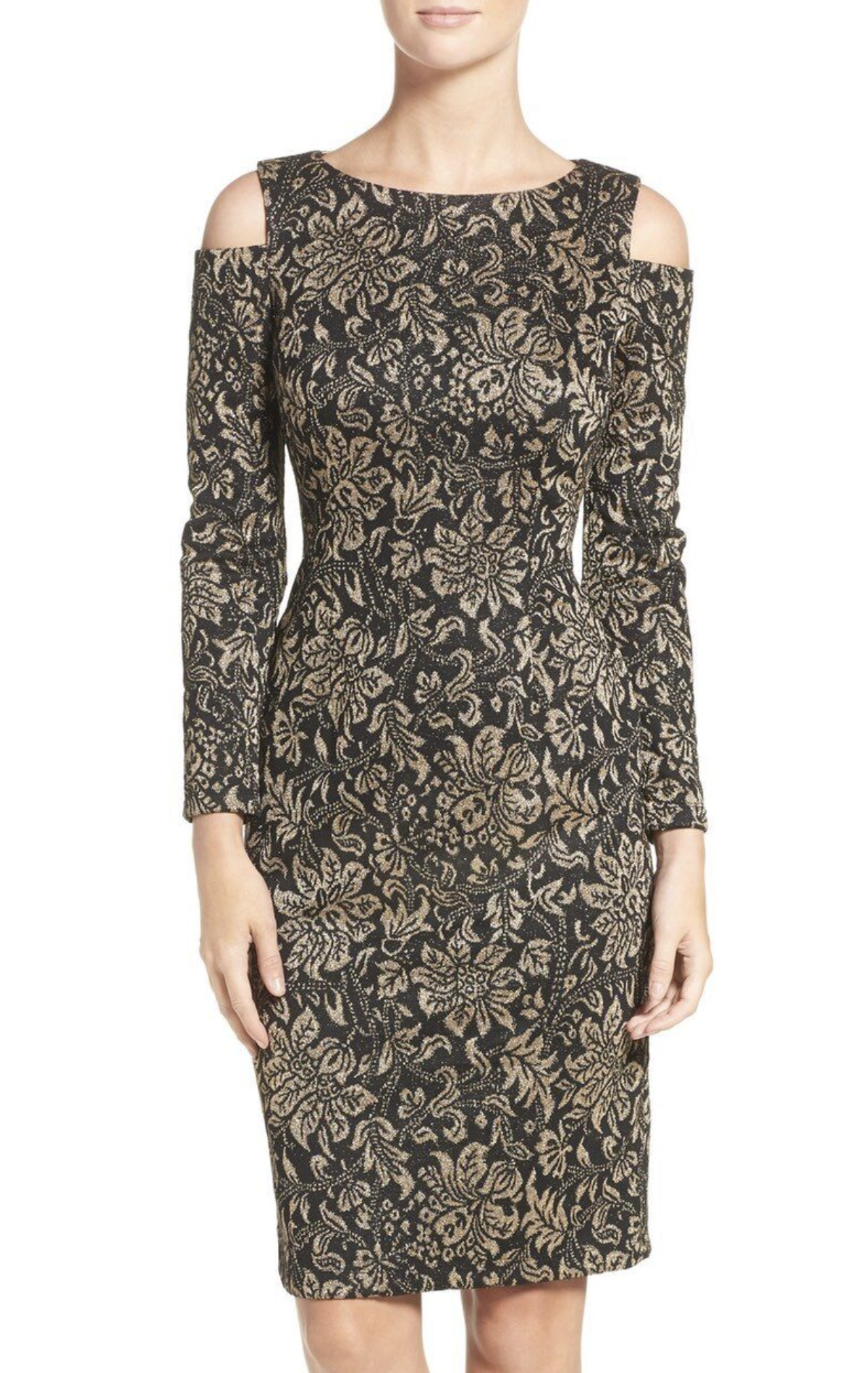 Eliza J Black Gold Metallic Floral Knit Cold Shoulder Sheath Dress Cocktail 2P