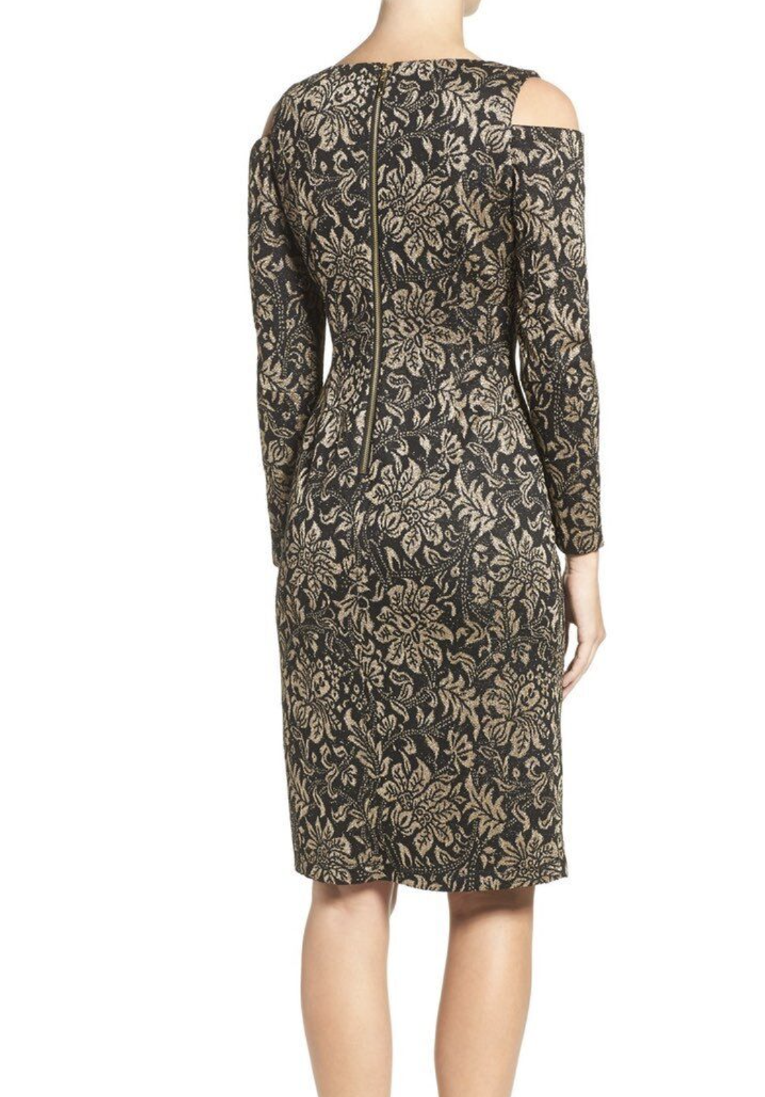 Eliza J Black Gold Metallic Floral Knit Cold Shoulder Sheath Dress Cocktail 2P